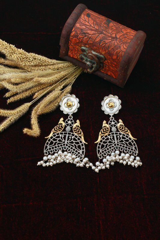 Dual Peacock Oxidised German Silver Earrings with Pearl Drops – Antique Gold & Silver Finish