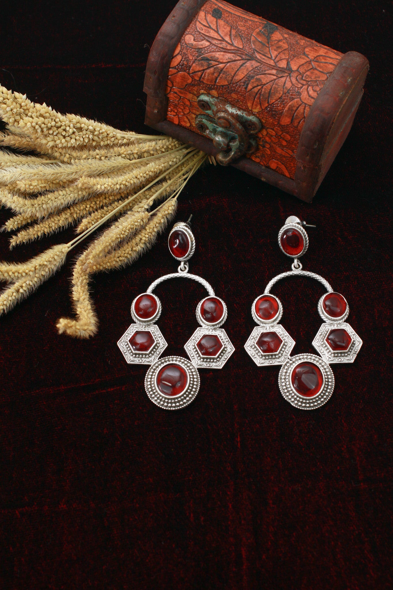 Red Monalisa Geometric Hoop Dangler Earrings | Oxidised German Silver