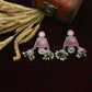 Pink Monalisa Trapeze Jhumka Oxidised Earrings with Twin Bells & Pearls