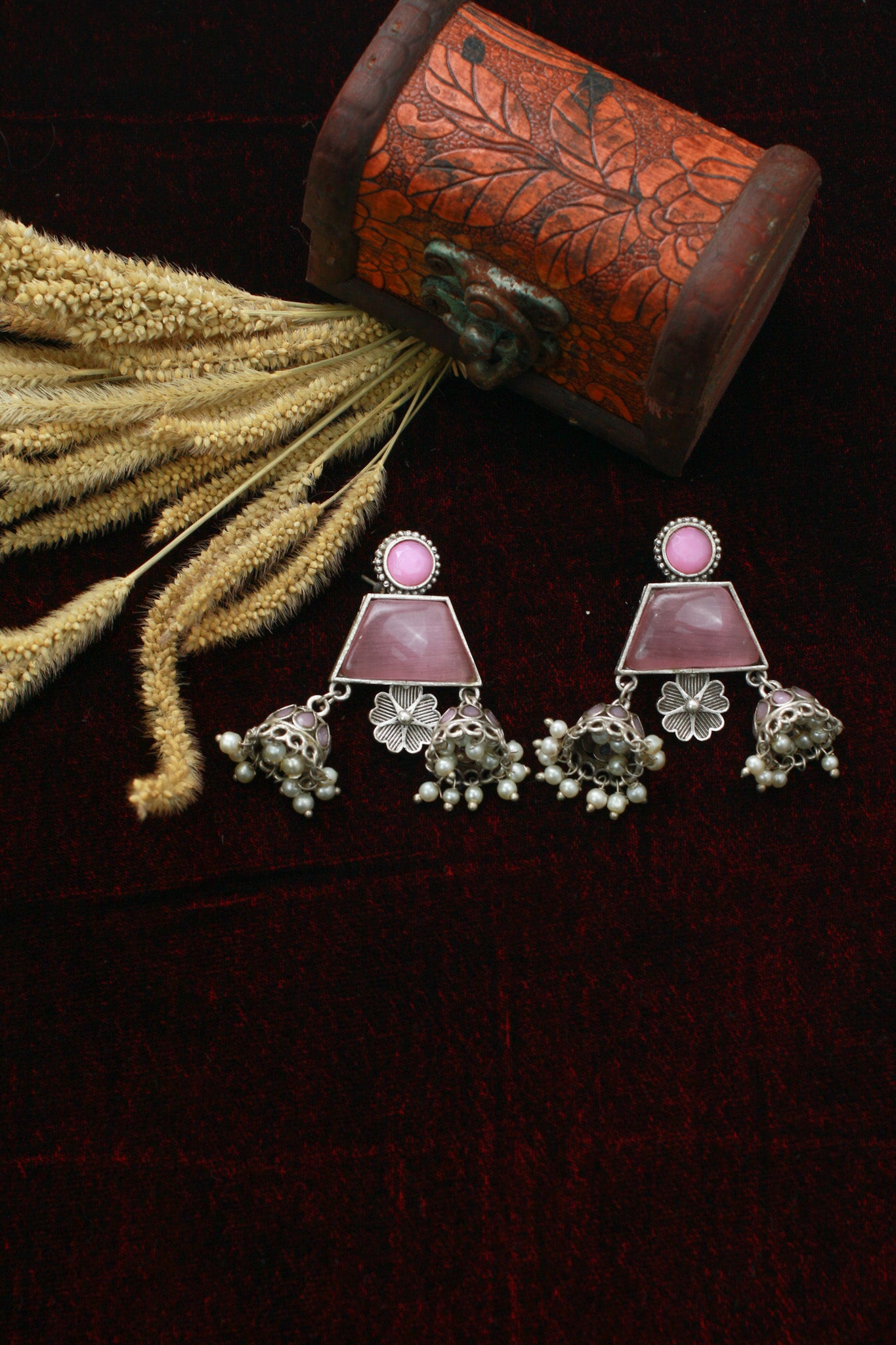 Pink Monalisa Trapeze Jhumka Oxidised Earrings with Twin Bells & Pearls