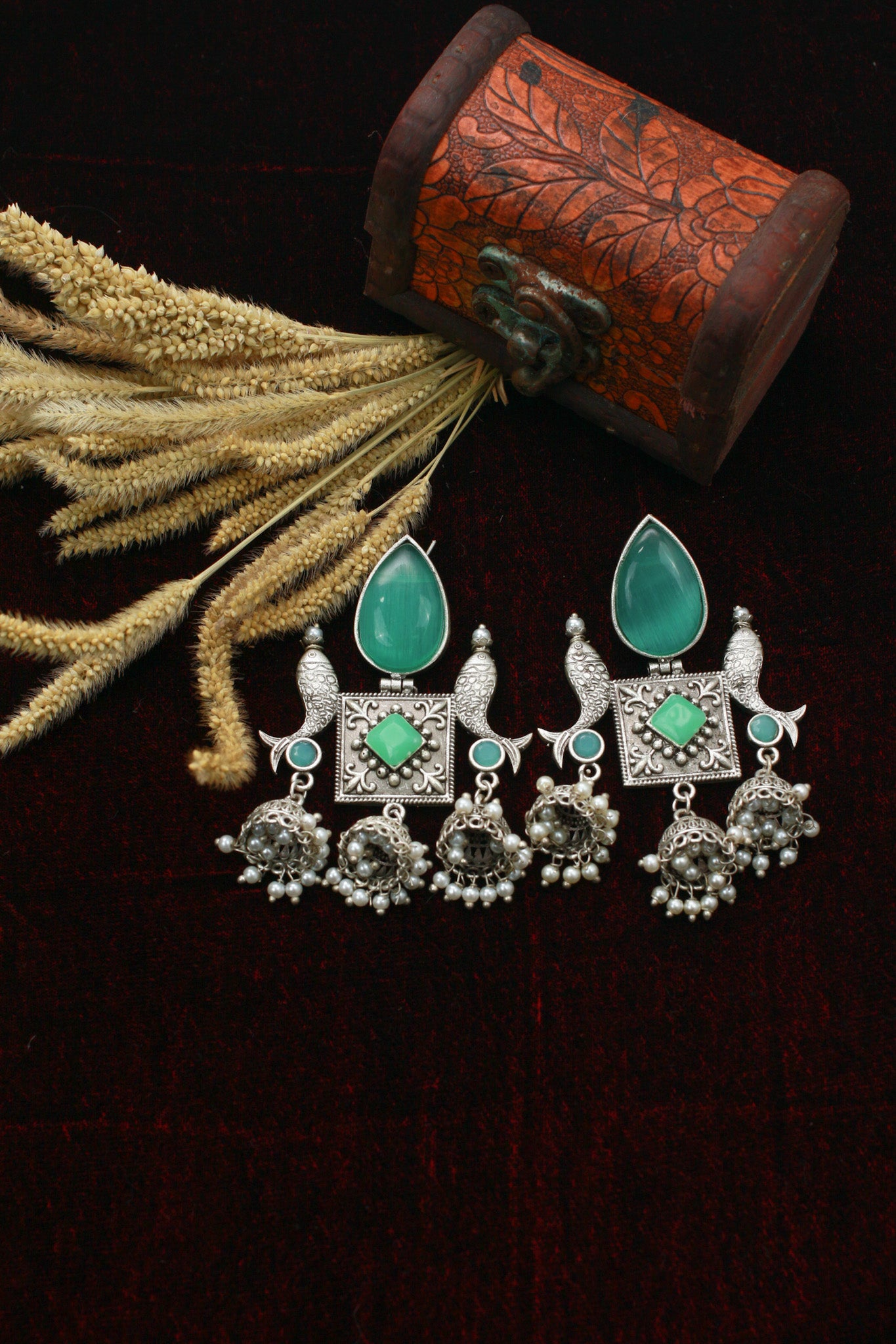 Green Monalisa Stone Fish Motif Oxidised German Silver Earrings with Jhumka Drops