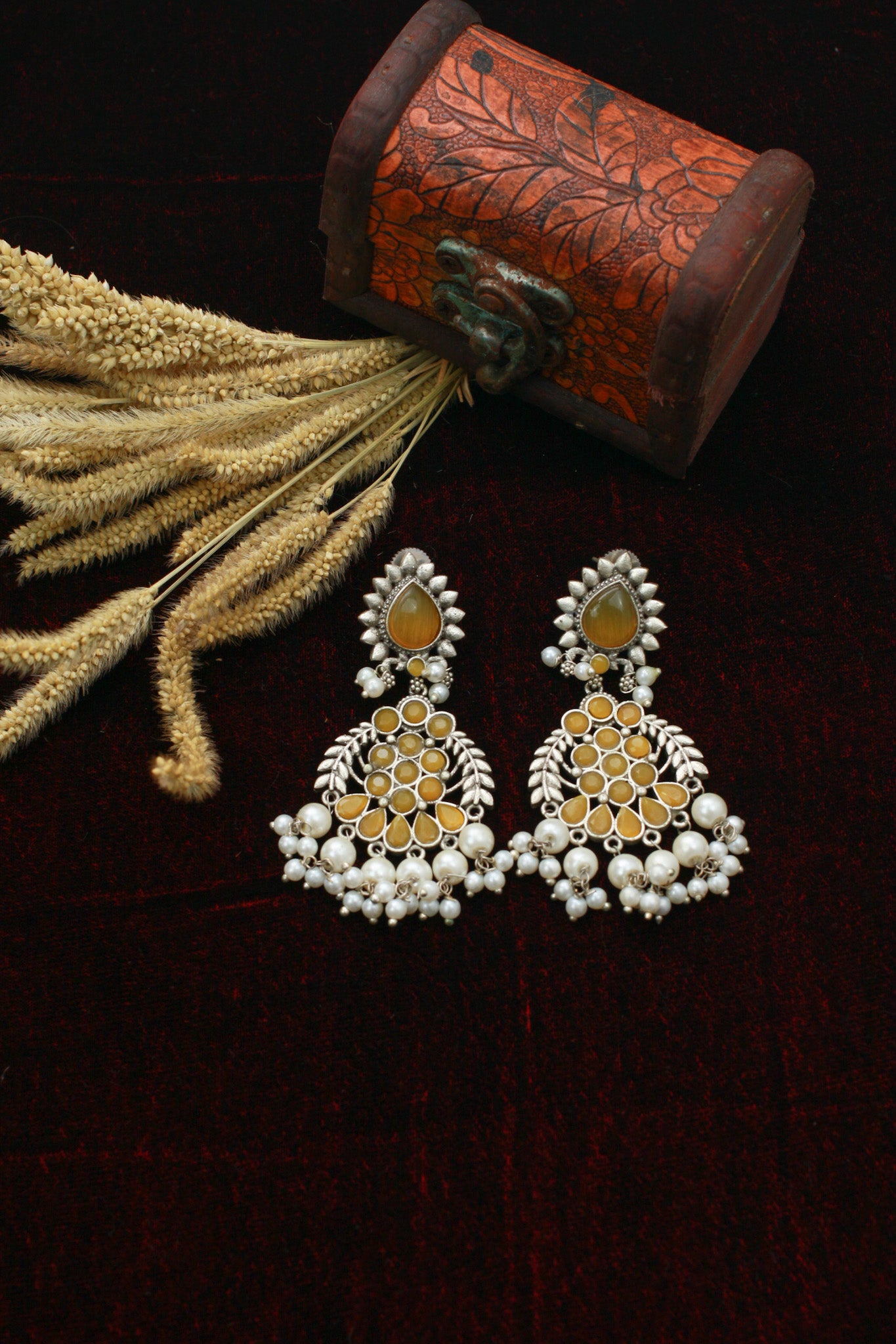 Yellow Monalisa Chandbali with Pearl Drops | Oxidised German Silver