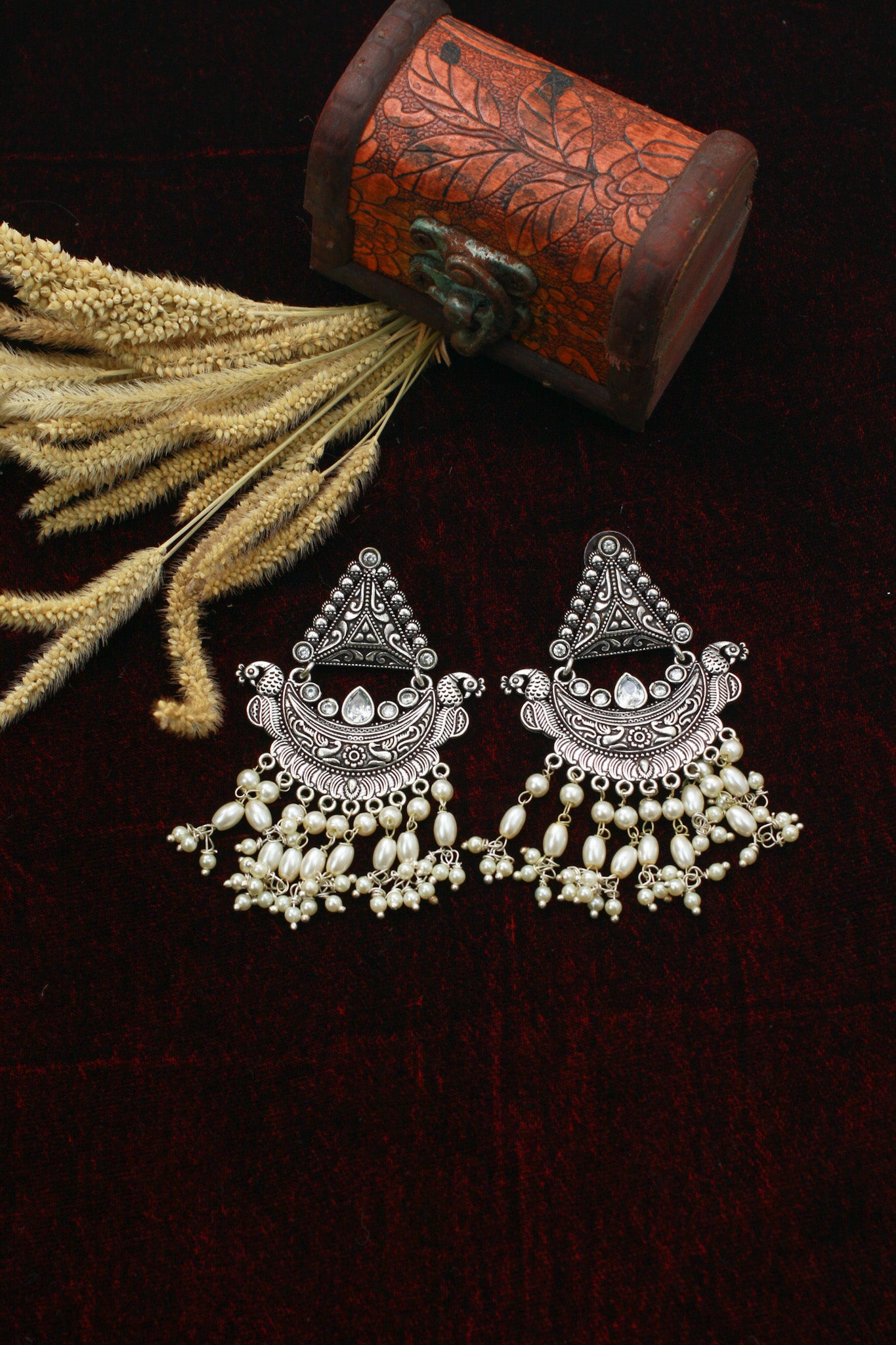 Boat Shape Oxidised German Silver Earrings with Pearl Tassels – Antique Design