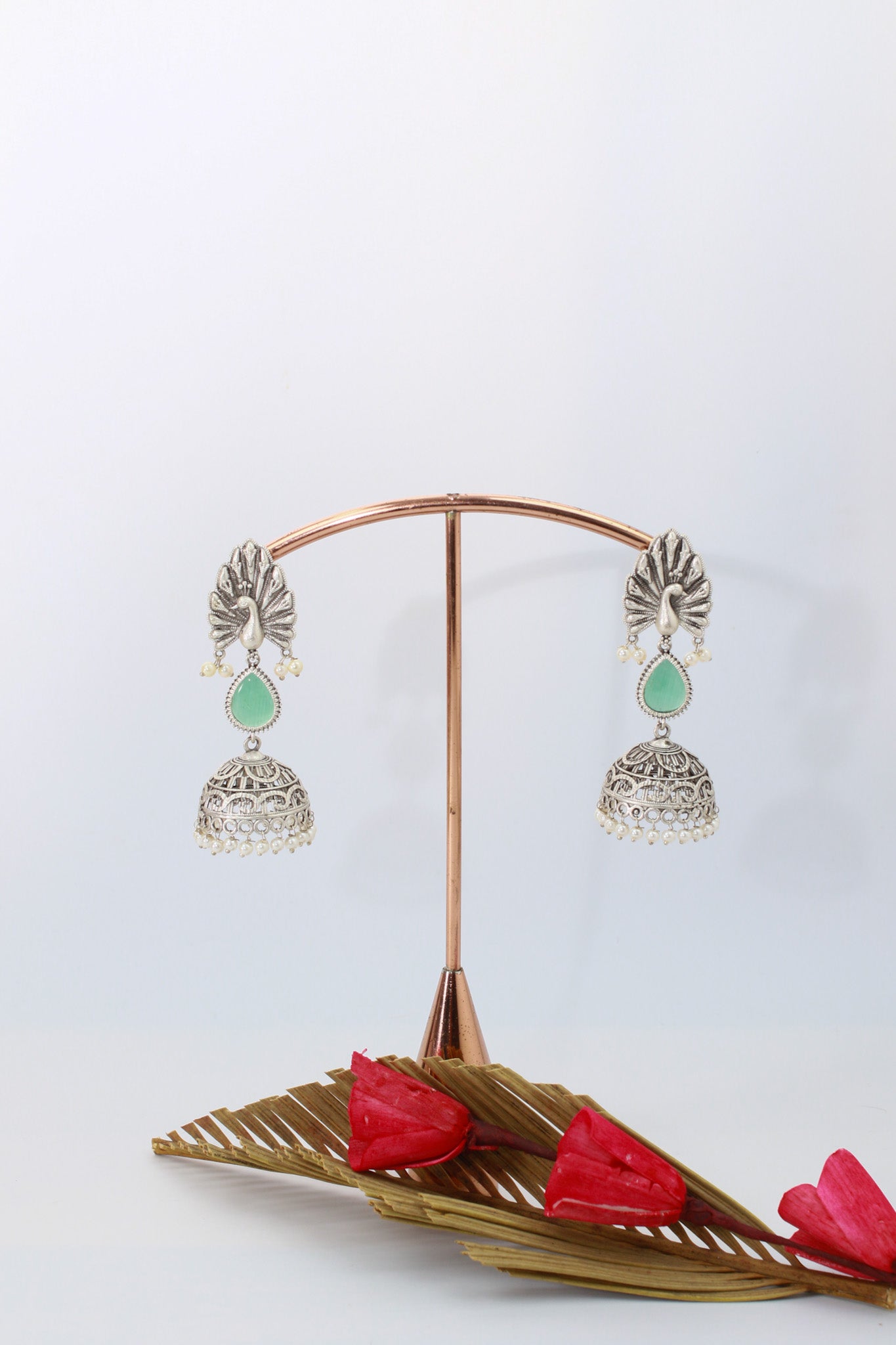 Peacock Top Jhumka with Green Monalisa Teardrop | Oxidised German Silver