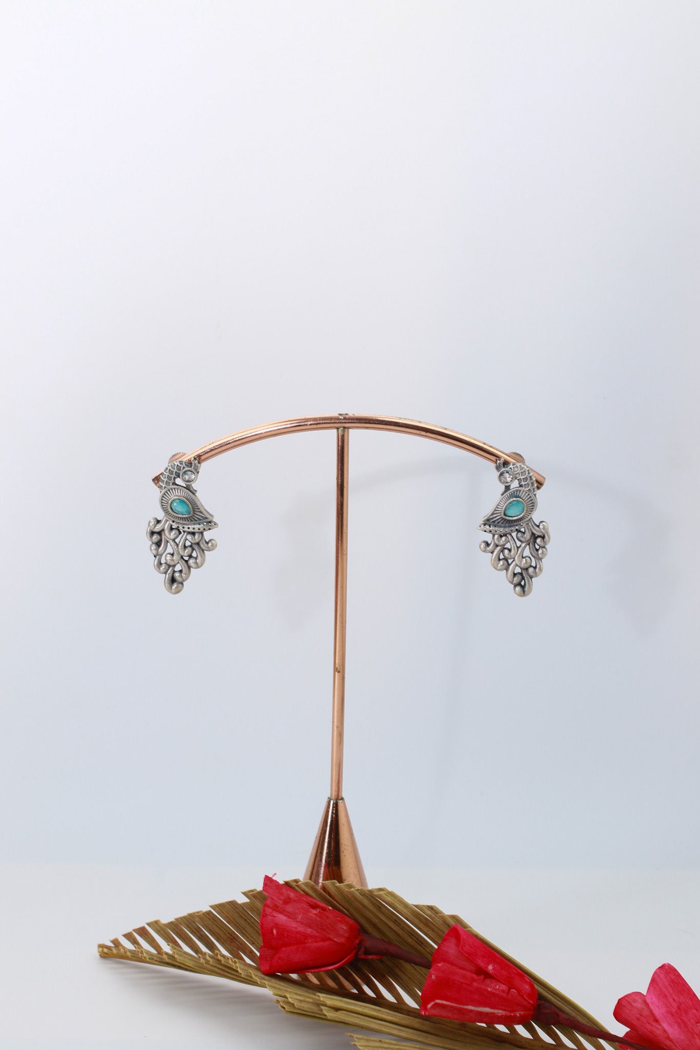 Peacock Design Oxidised German Silver Earrings with Green Monalisa Stone