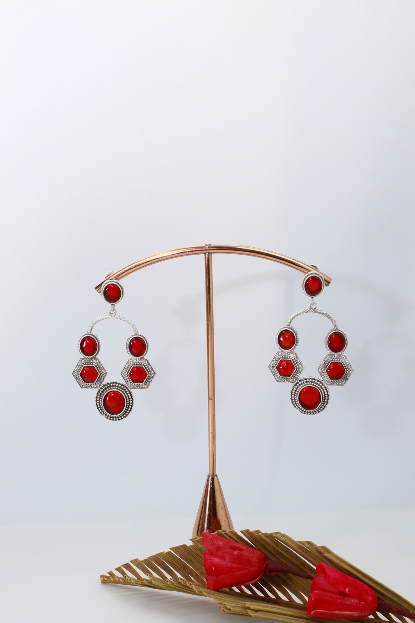 Red Monalisa Geometric Hoop Dangler Earrings | Oxidised German Silver