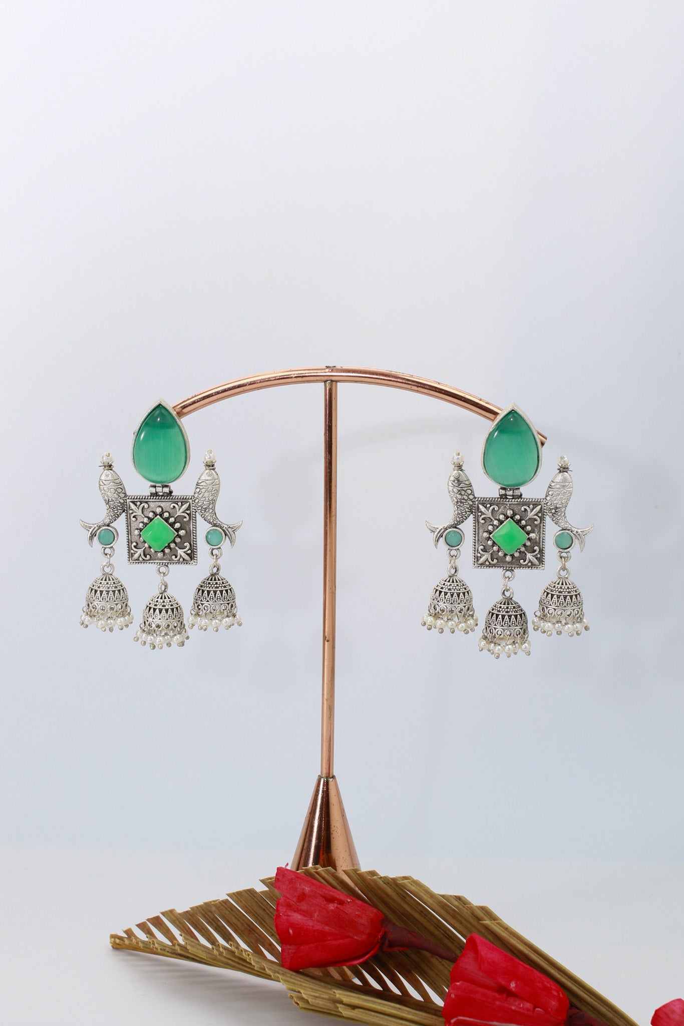 Green Monalisa Stone Fish Motif Oxidised German Silver Earrings with Jhumka Drops
