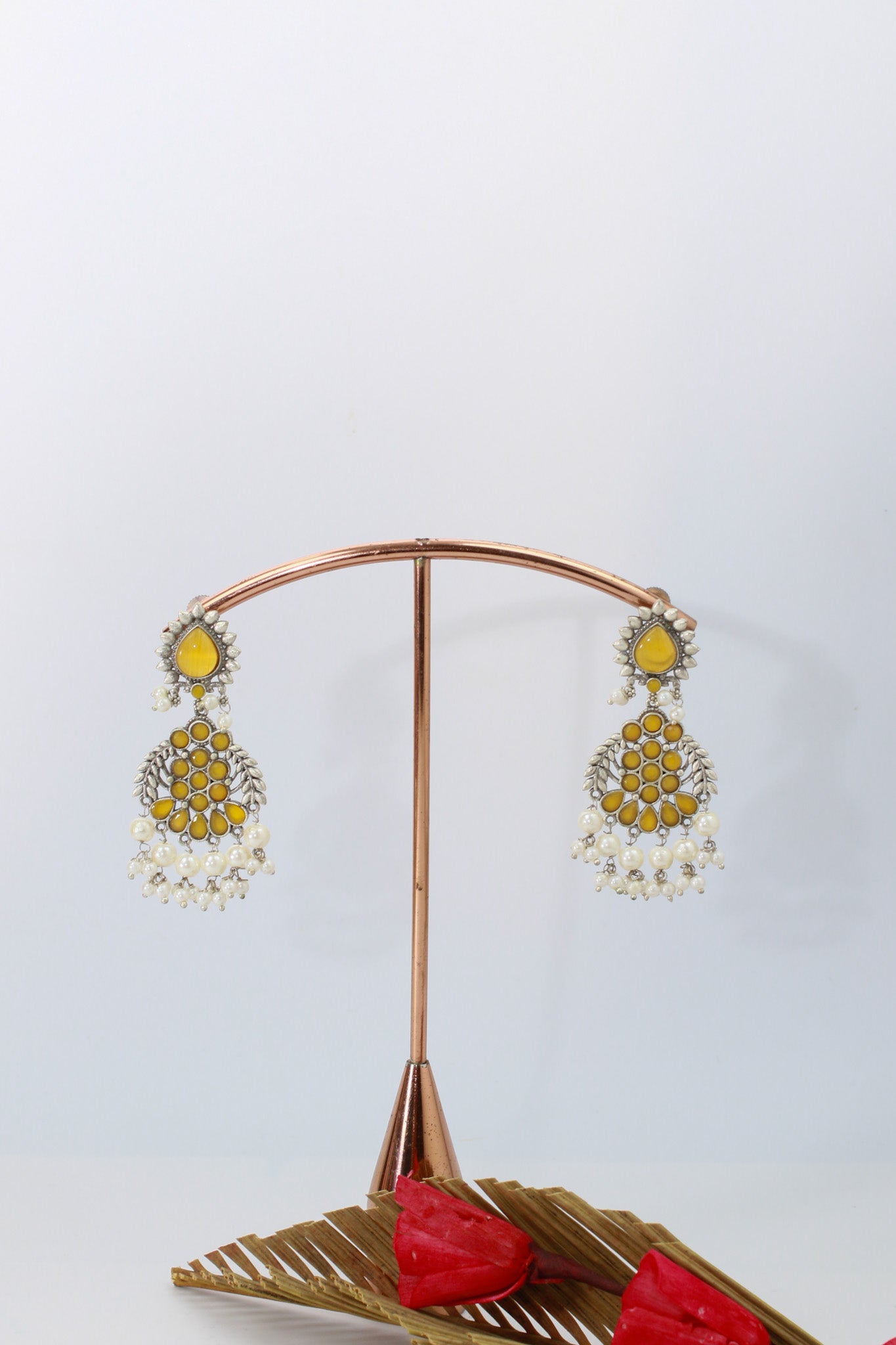 Yellow Monalisa Chandbali with Pearl Drops | Oxidised German Silver