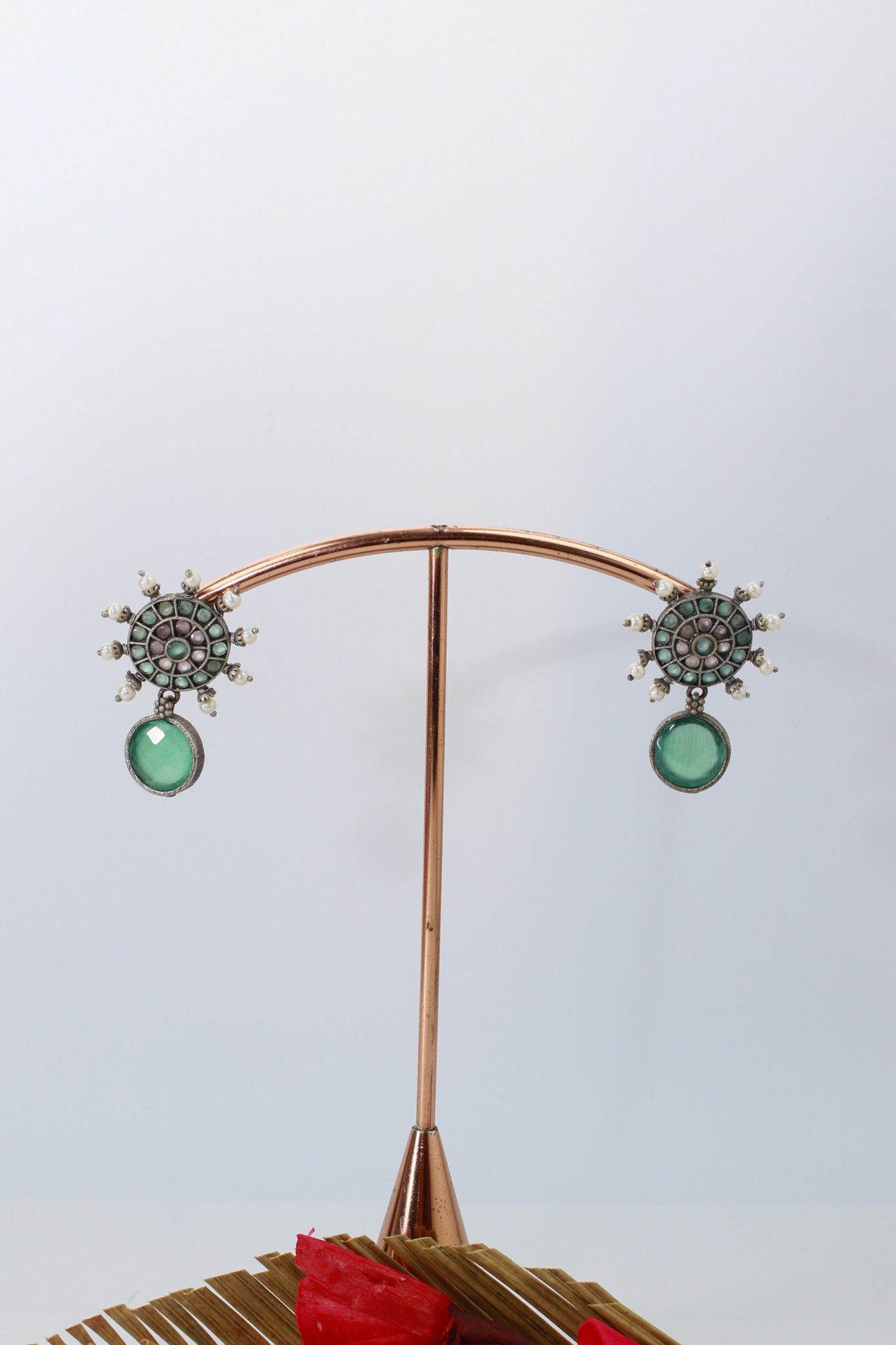 Mandala Top & Green Monalisa Drop Oxidised German Silver Earrings with Pearls