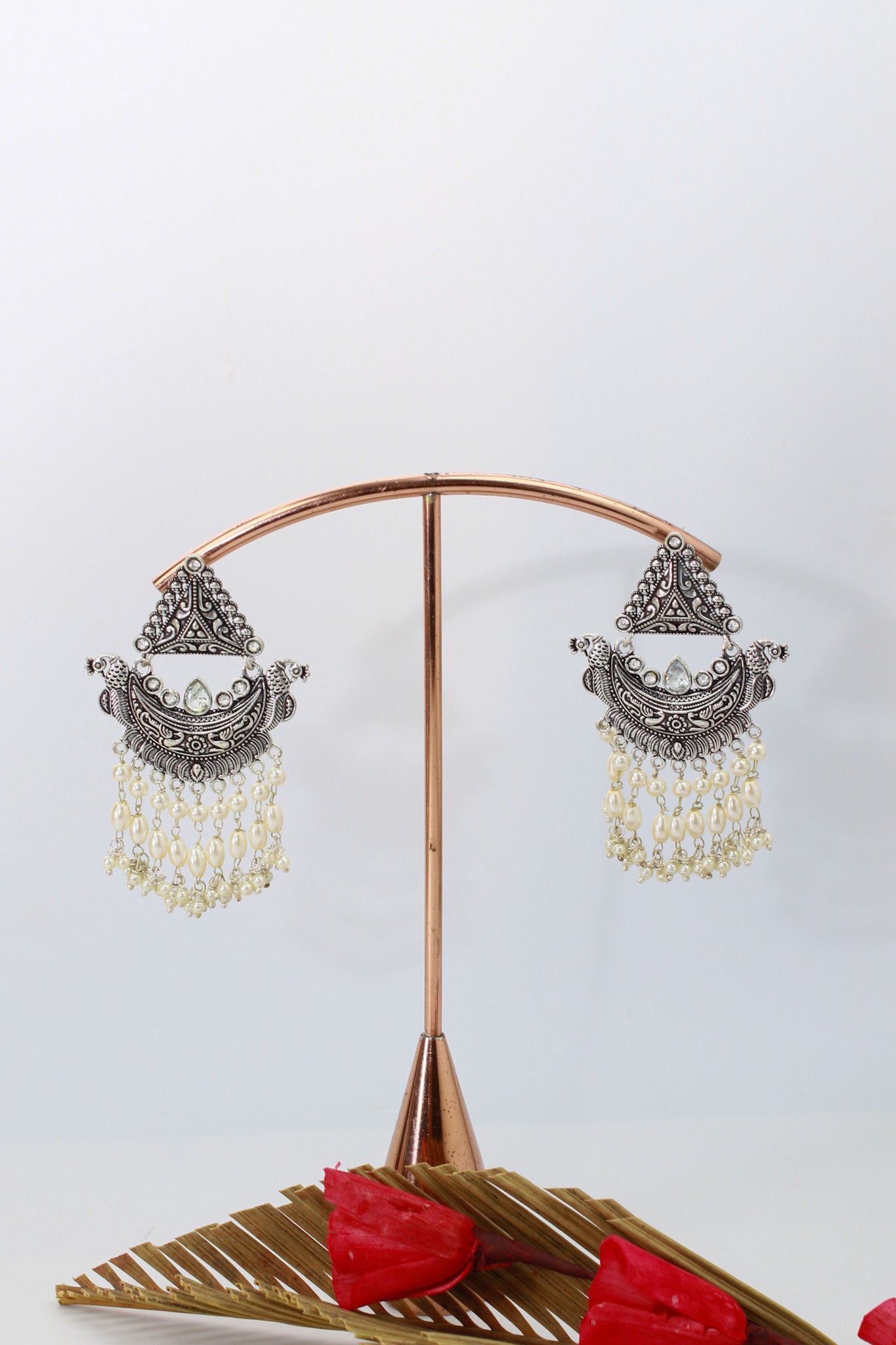 Boat Shape Oxidised German Silver Earrings with Pearl Tassels – Antique Design