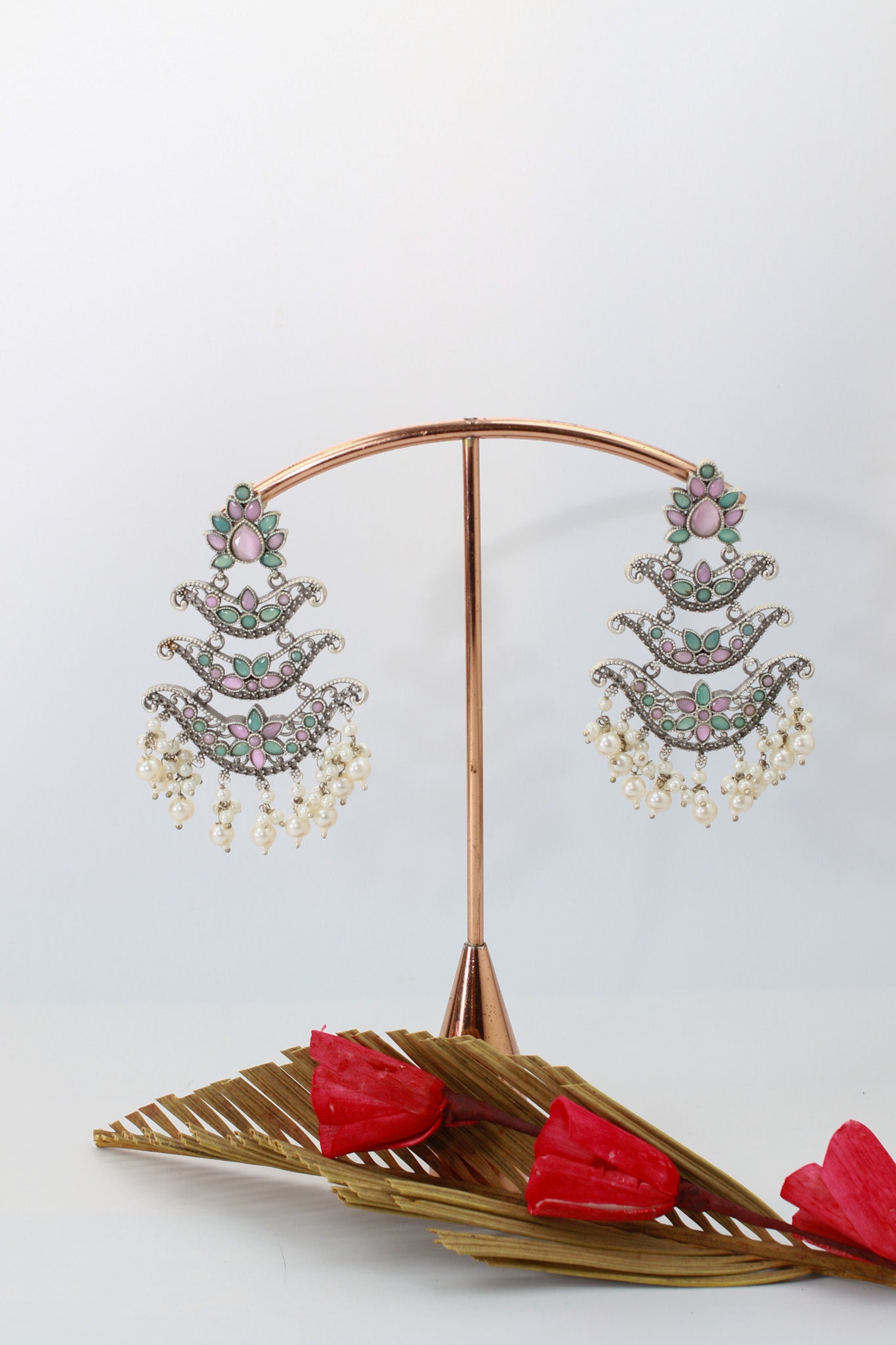 Layered Chandbali Oxidised German Silver Earrings with Pink & Green Monalisa Stones and Pearls