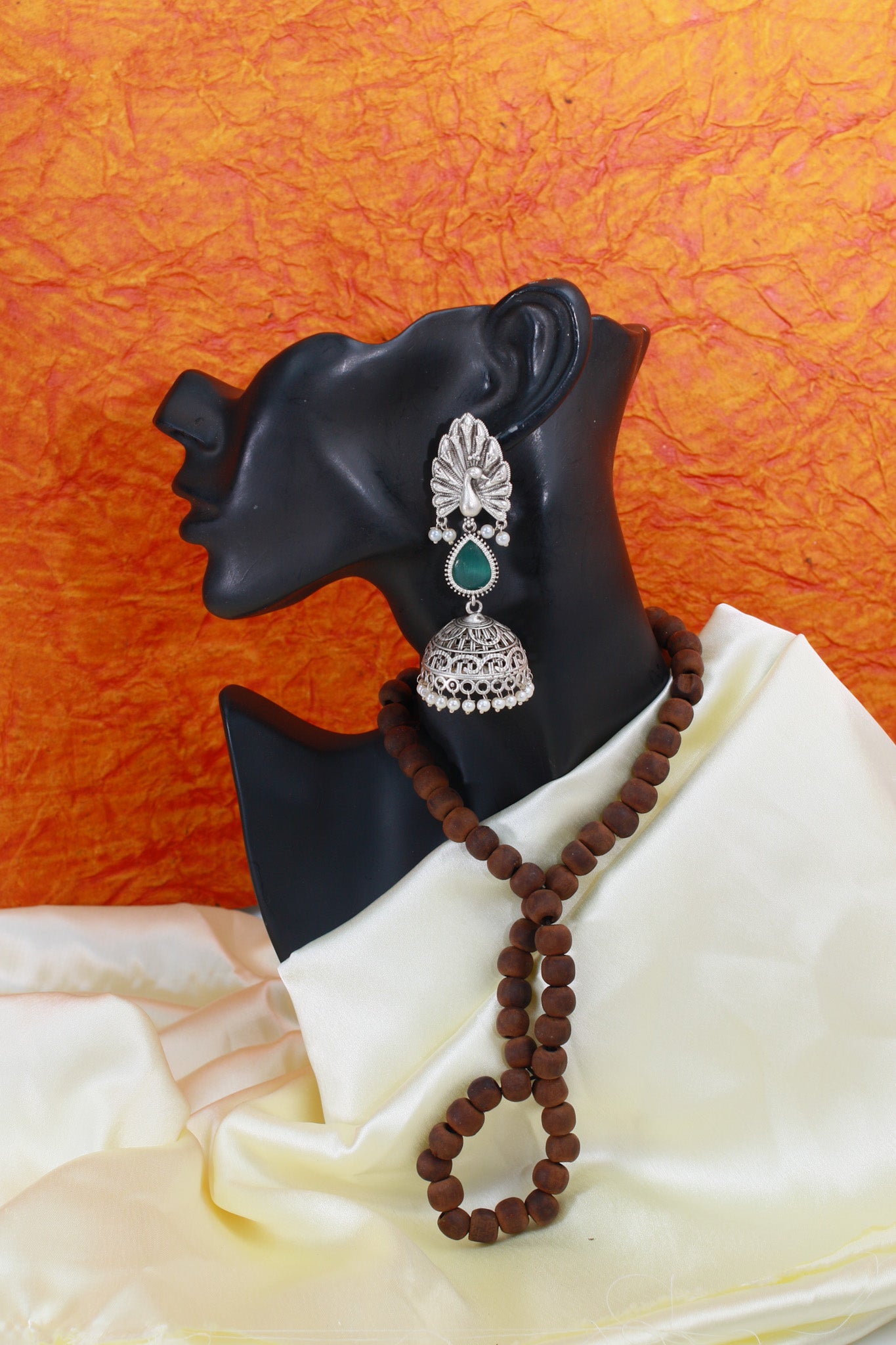 Peacock Top Jhumka with Green Monalisa Teardrop | Oxidised German Silver