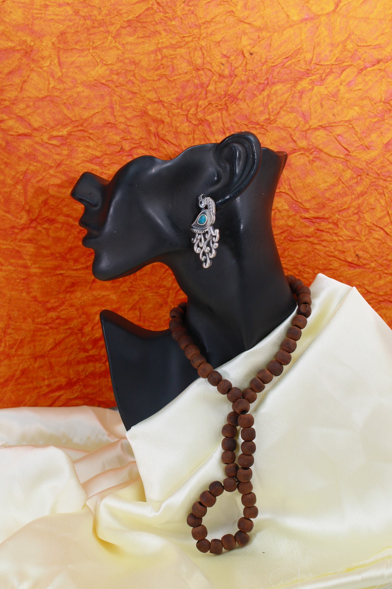 Peacock Design Oxidised German Silver Earrings with Green Monalisa Stone