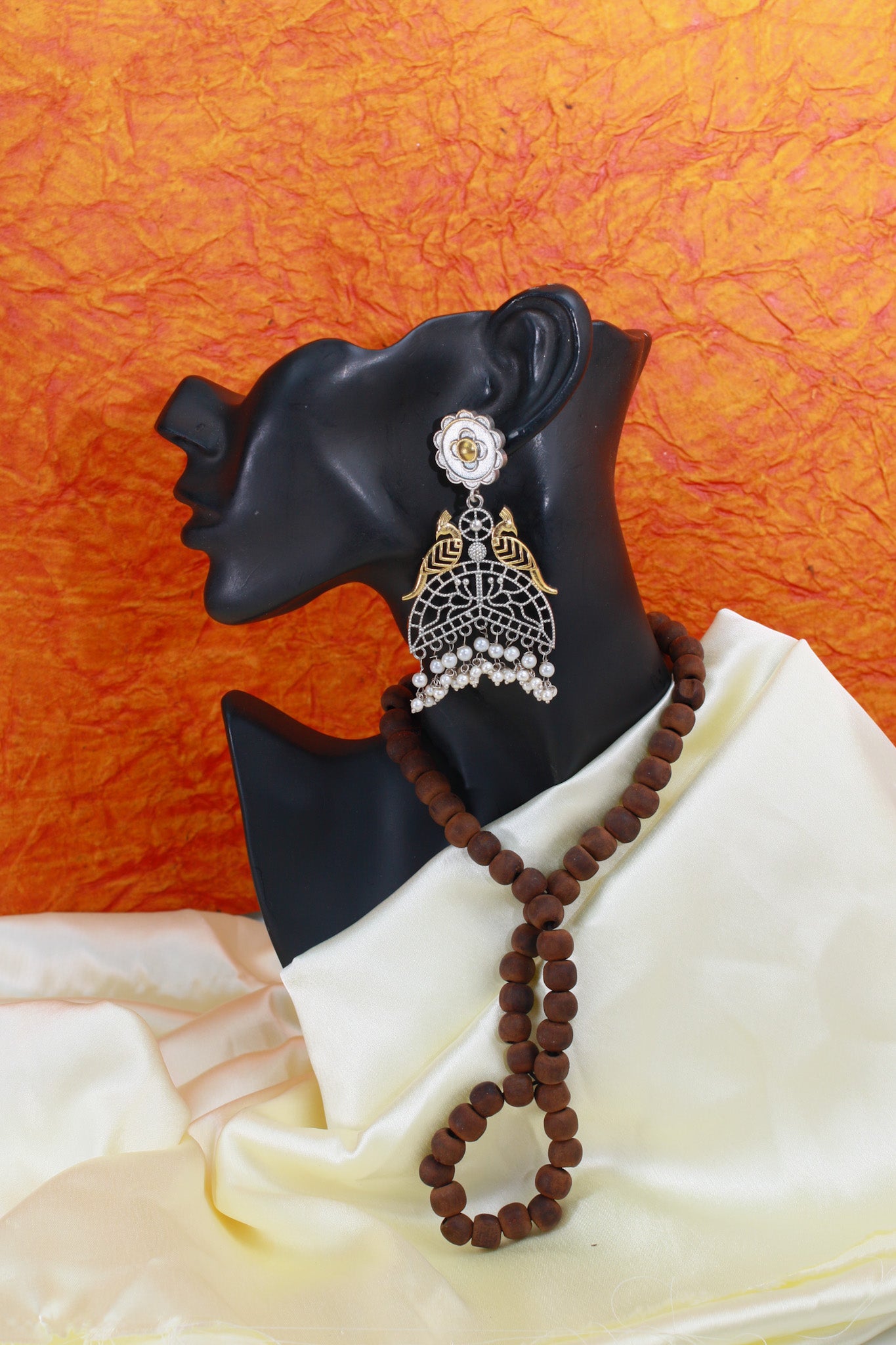 Dual Peacock Oxidised German Silver Earrings with Pearl Drops – Antique Gold & Silver Finish