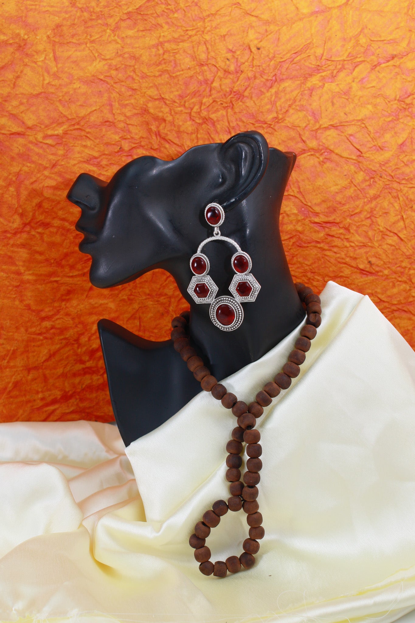 Red Monalisa Geometric Hoop Dangler Earrings | Oxidised German Silver