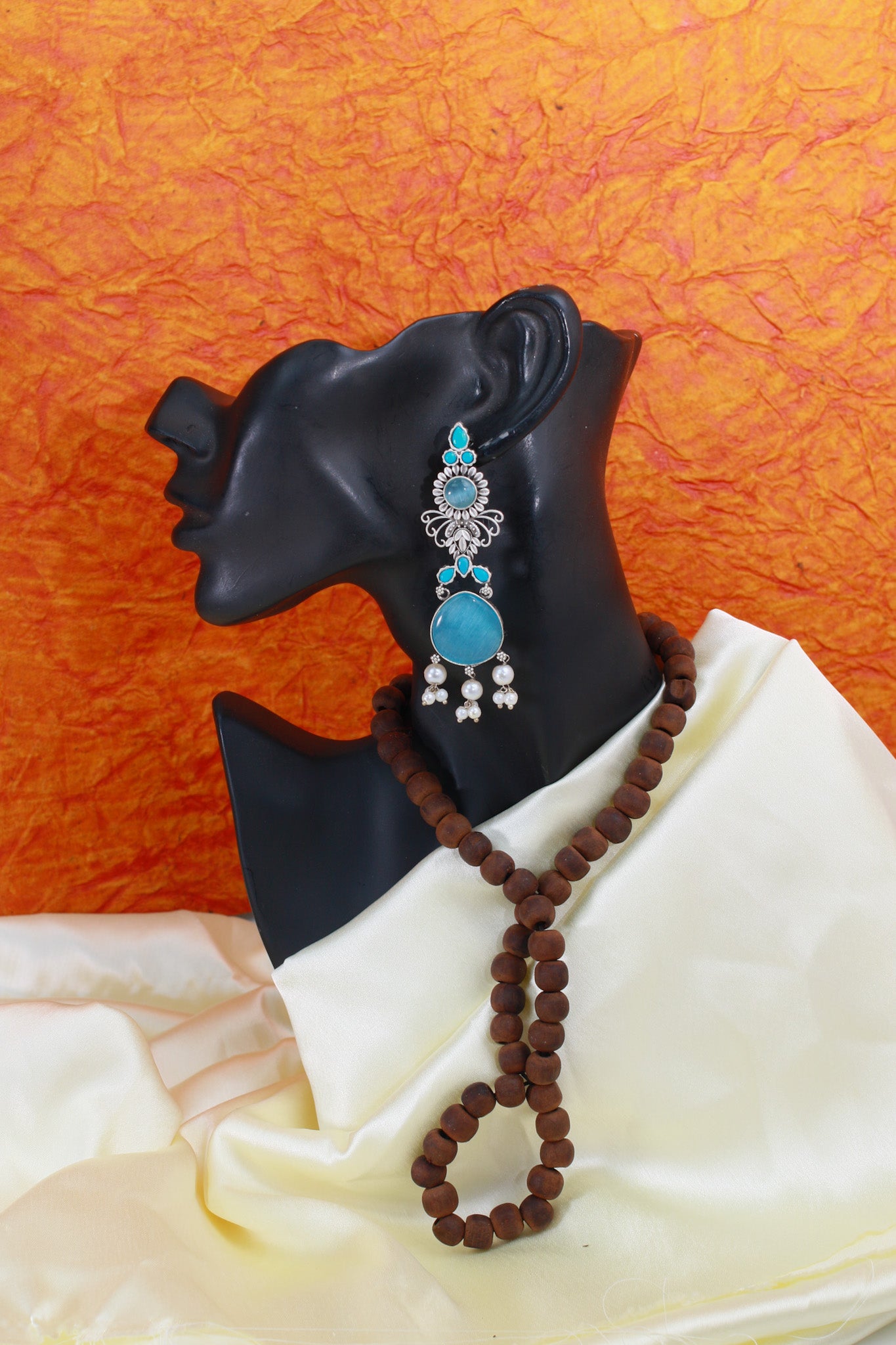 Blue Monalisa Stone German Silver Oxidised Drop Earrings