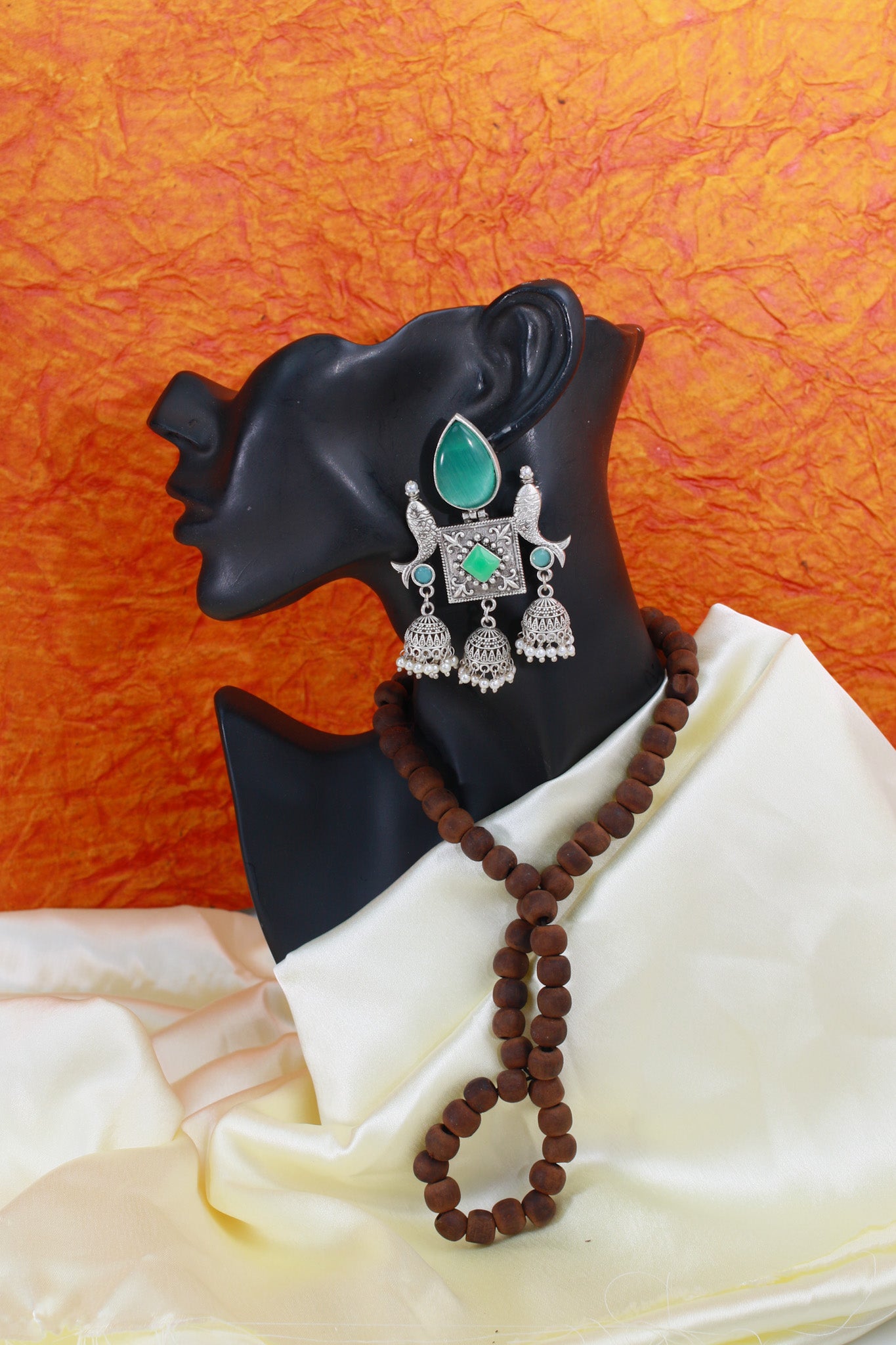 Green Monalisa Stone Fish Motif Oxidised German Silver Earrings with Jhumka Drops