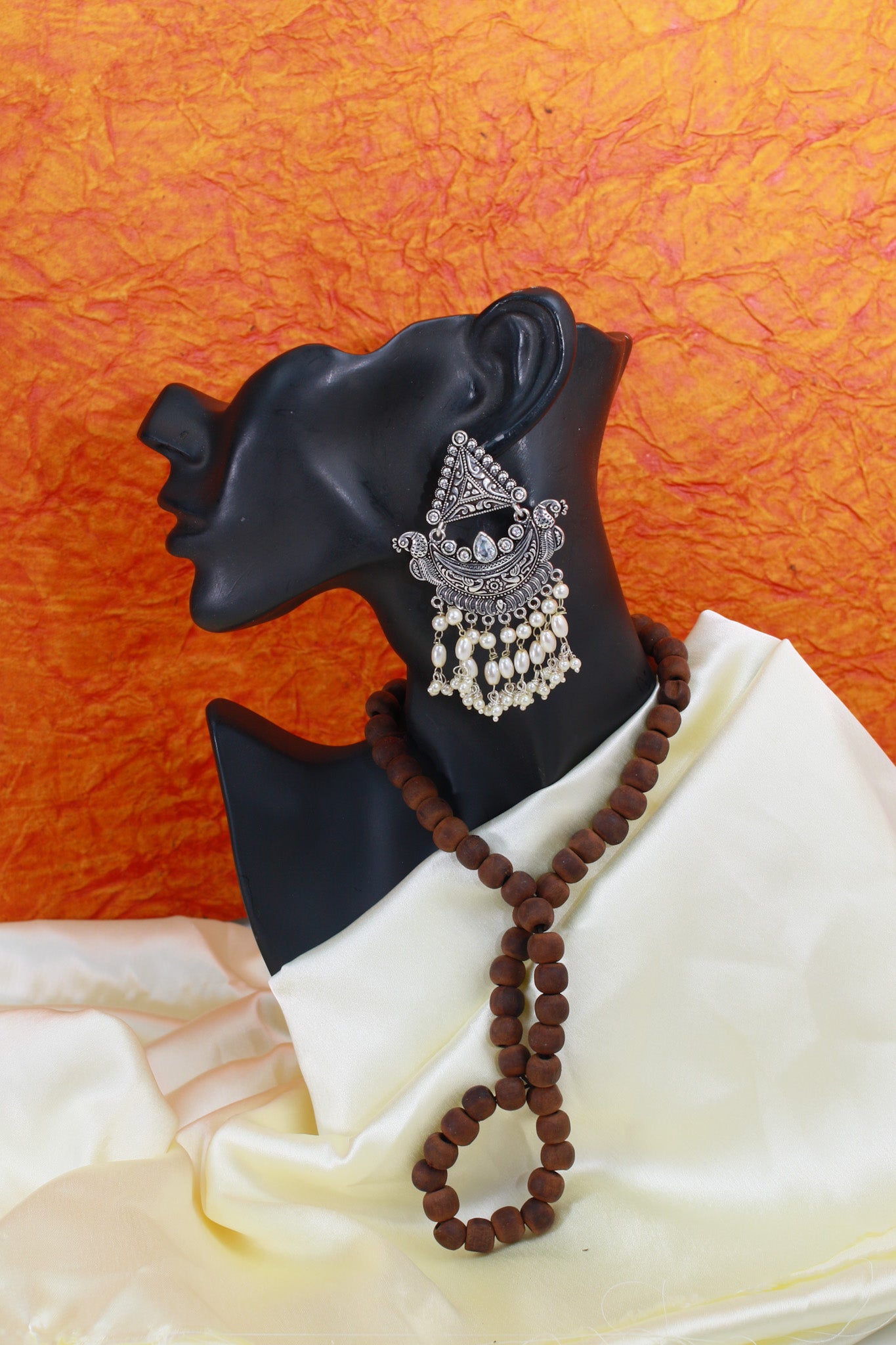 Boat Shape Oxidised German Silver Earrings with Pearl Tassels – Antique Design