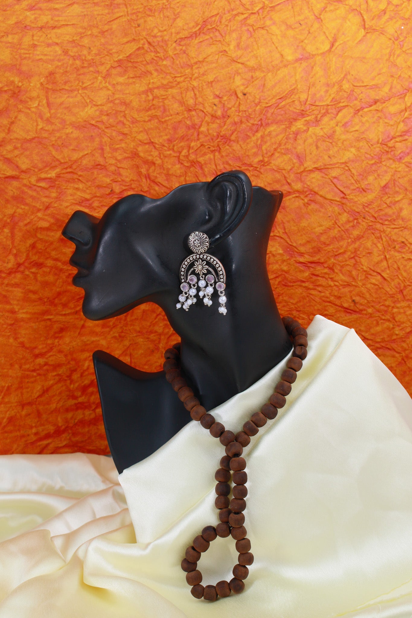 Pink Monalisa Arch Oxidised German Silver Earrings with Pearl Drops