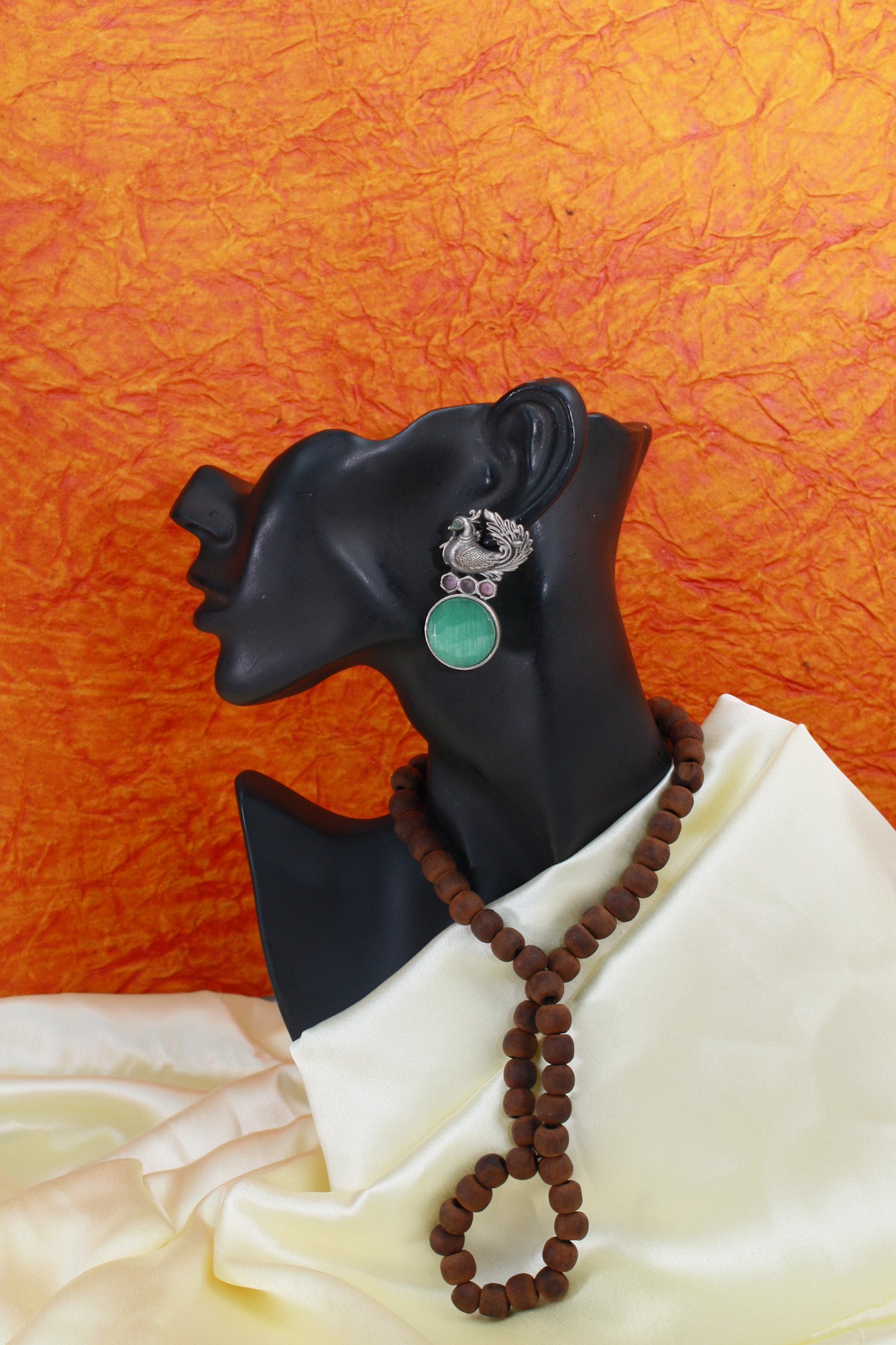 Peacock Top Earrings with Green Monalisa Round | Oxidised German Silver