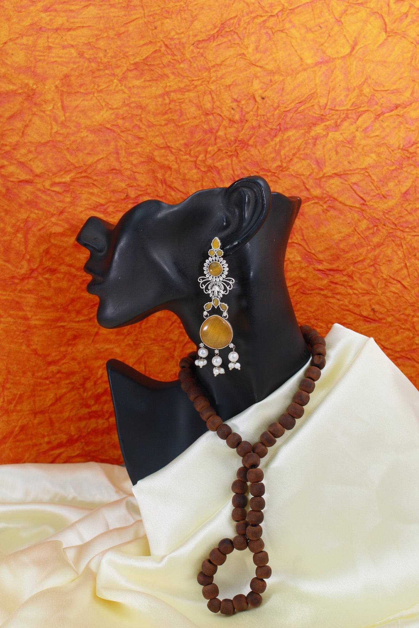 Yellow Monalisa Stone Long Oxidised German Silver Earrings with Pearls