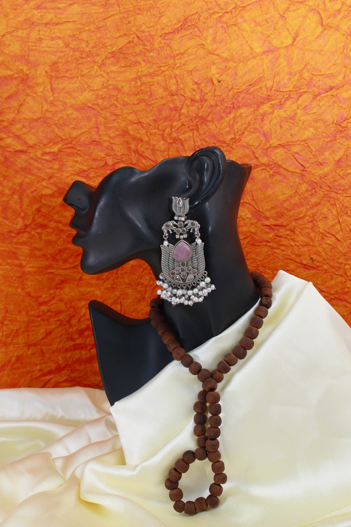 Pink Monalisa Stone Lotus Design German Silver Earrings