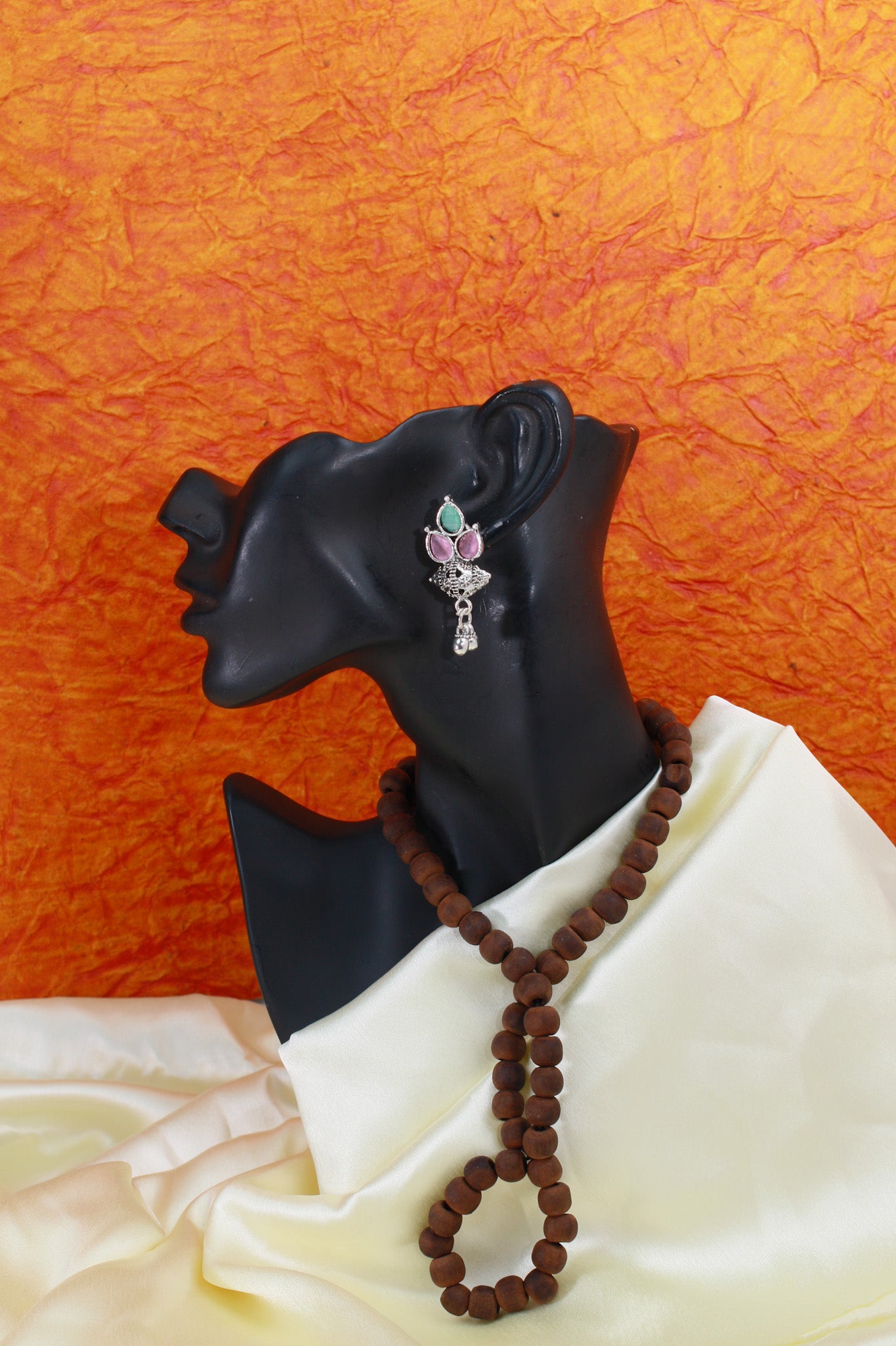 Mini Ghungroo Cone Drops with Pink & Mint Monalisa | Oxidised Stud Earrings