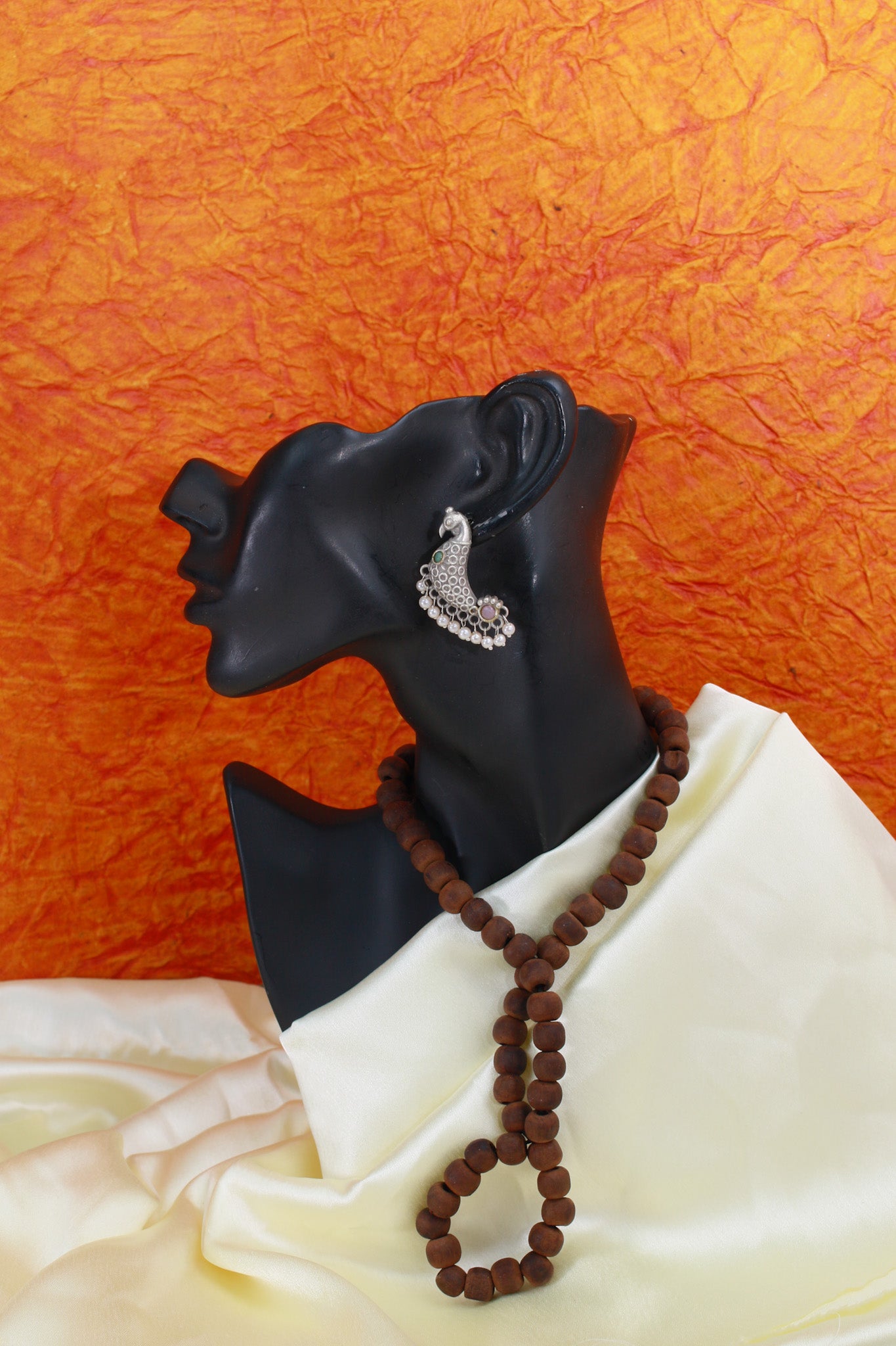 Peacock Hoop Oxidised German Silver Earrings with Multicolour Monalisa Accents & Pearls