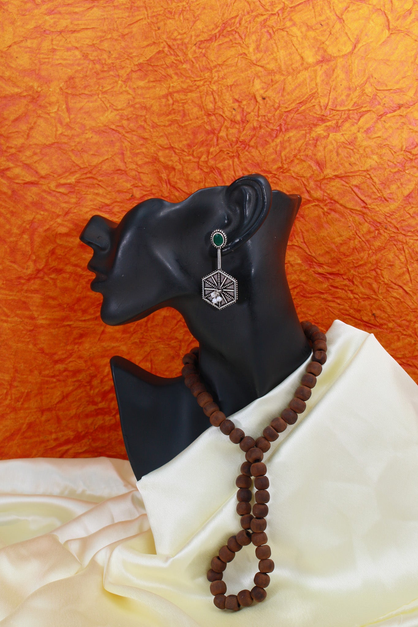 Hexa Sunburst Drop Earrings with Green Monalisa Stud | Oxidised