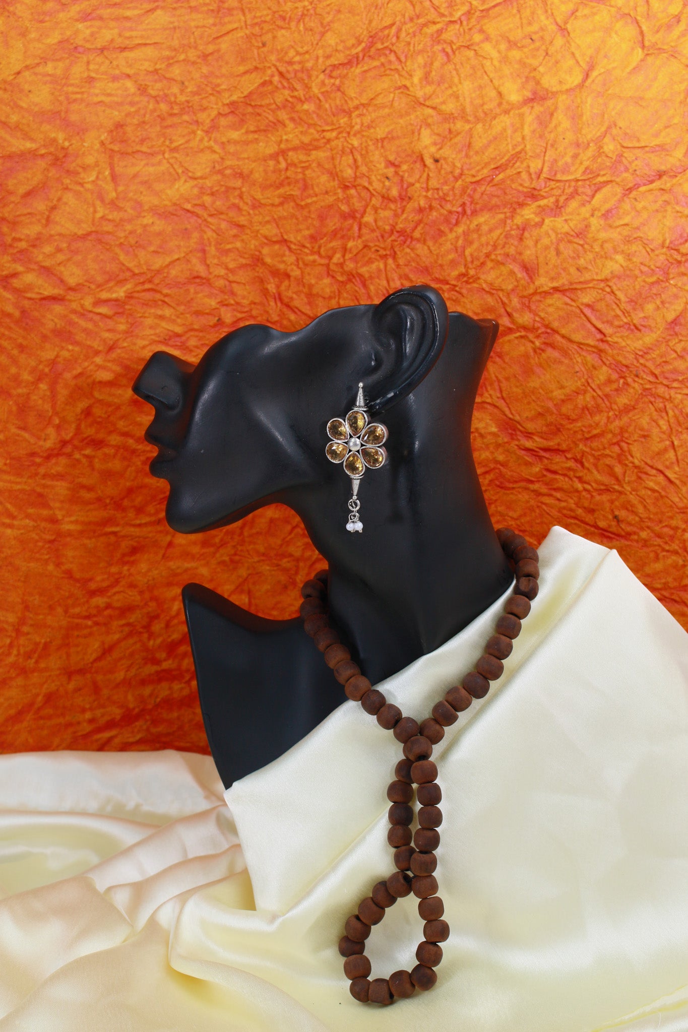 Yellow Monalisa Floral Oxidised German Silver Earrings – Petal Cluster with Pearl Drops