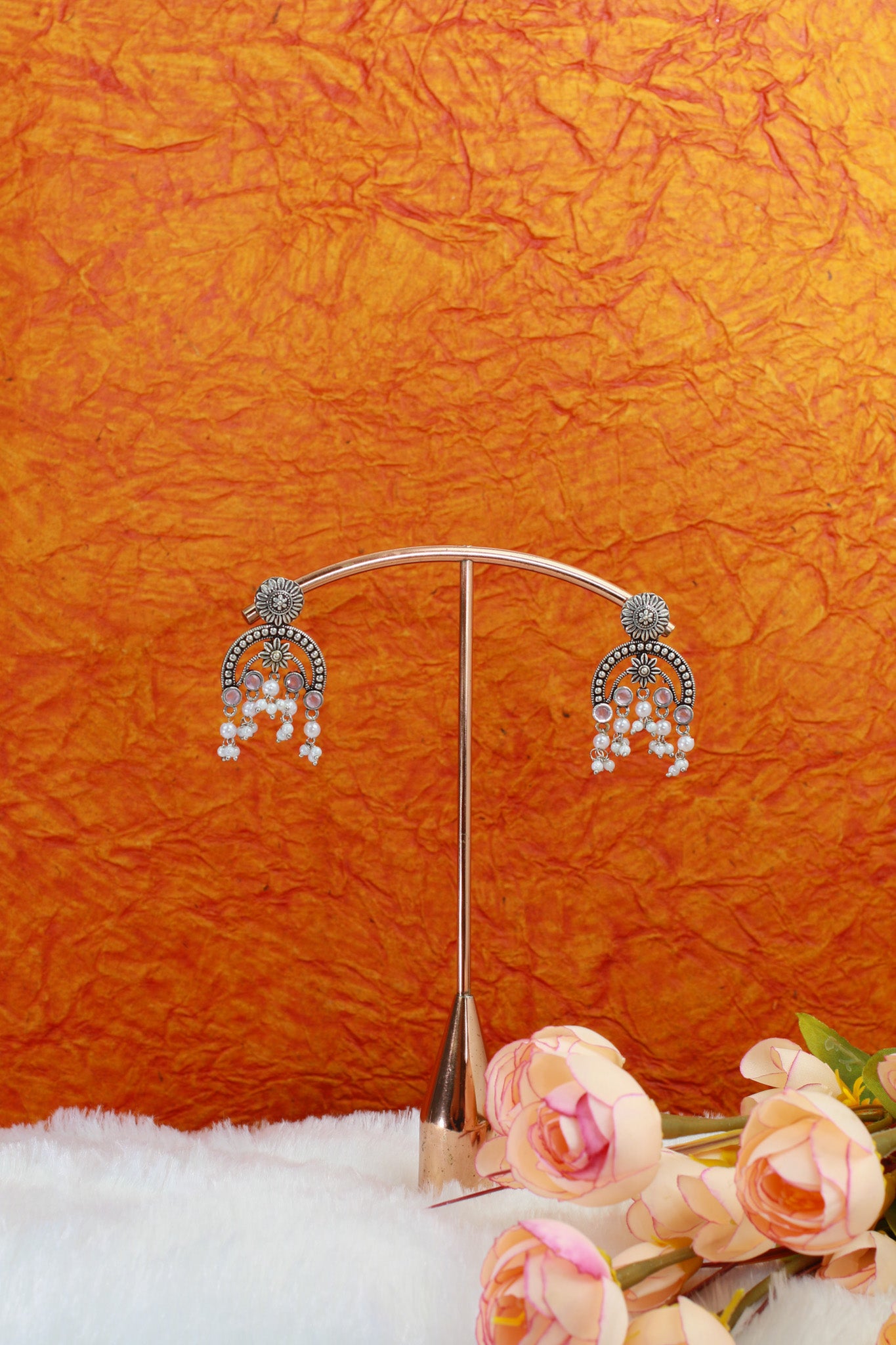 Pink Monalisa Arch Oxidised German Silver Earrings with Pearl Drops