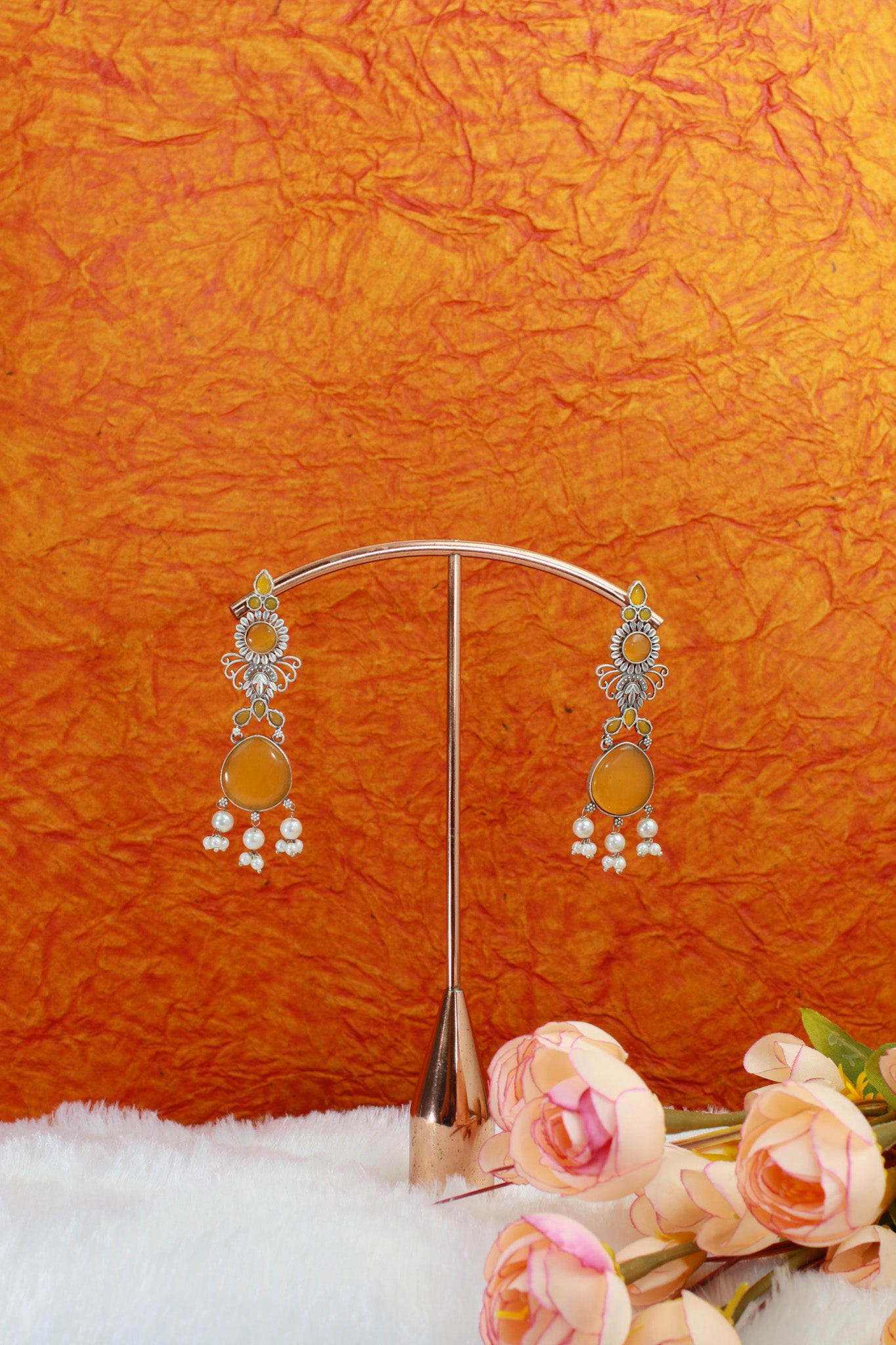 Yellow Monalisa Stone Long Oxidised German Silver Earrings with Pearls