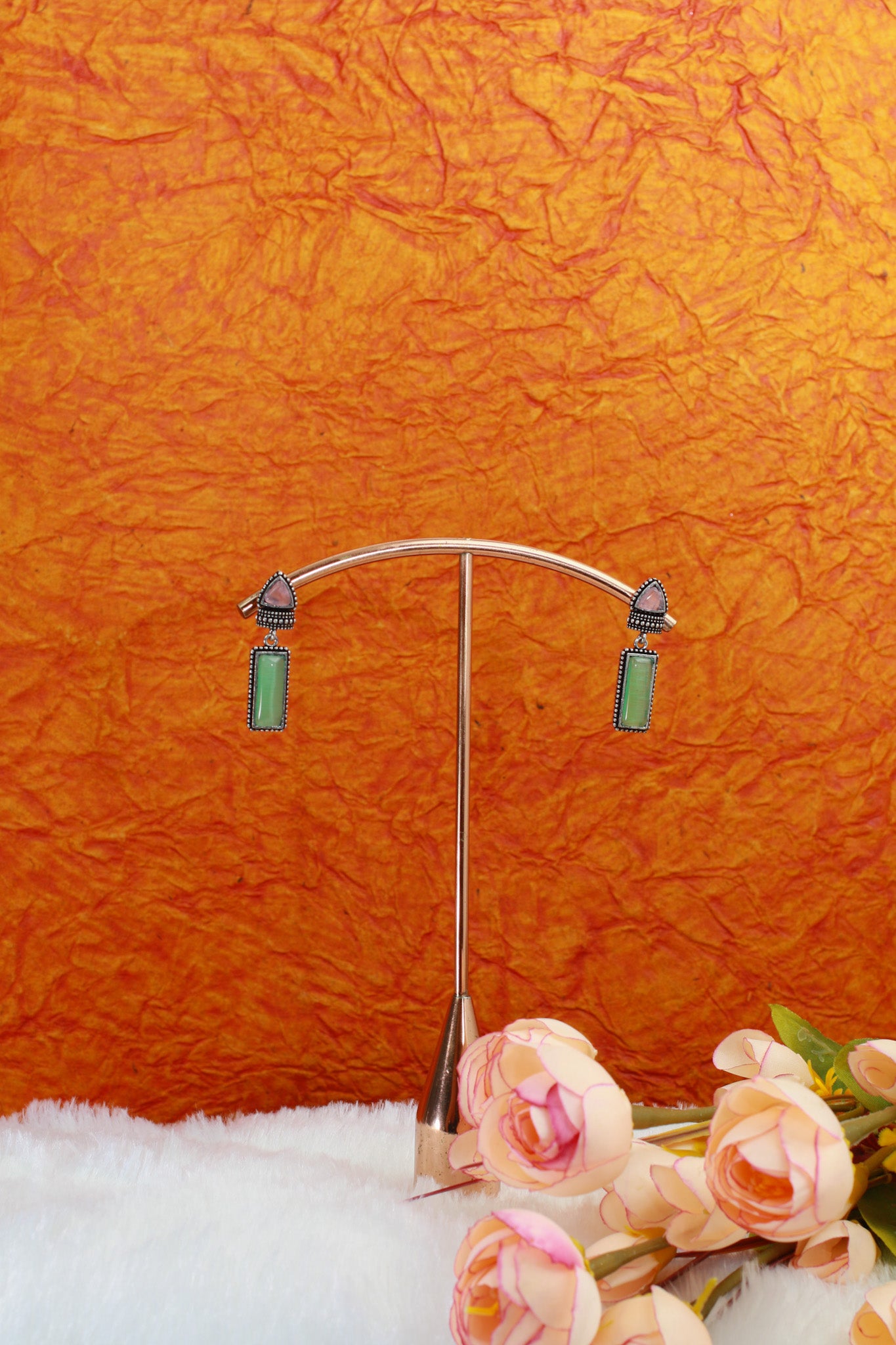 Dual-Tone Monalisa Drop Oxidised German Silver Earrings – Tri & Rectangle Stones