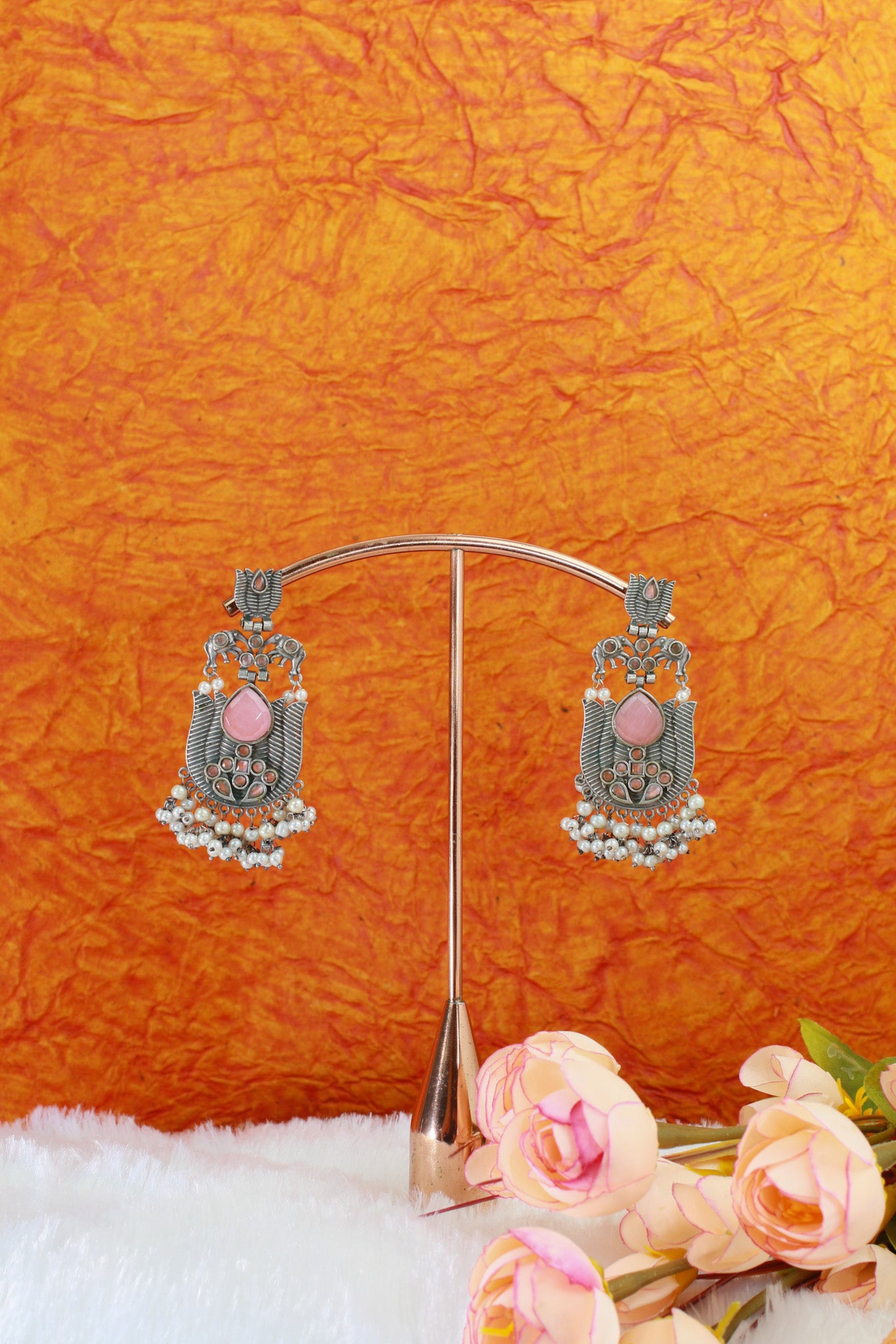 Pink Monalisa Stone Lotus Design German Silver Earrings