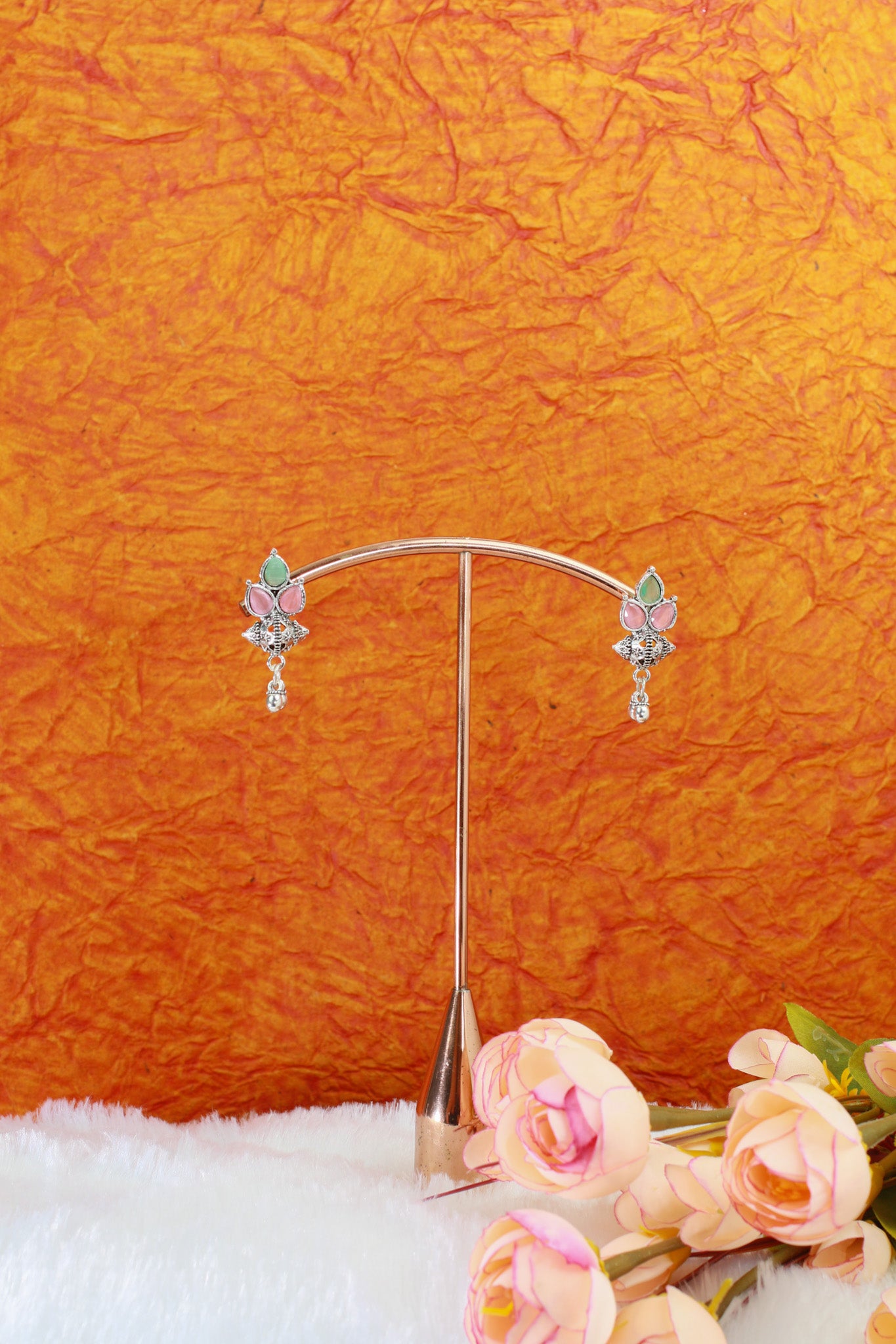 Mini Ghungroo Cone Drops with Pink & Mint Monalisa | Oxidised Stud Earrings