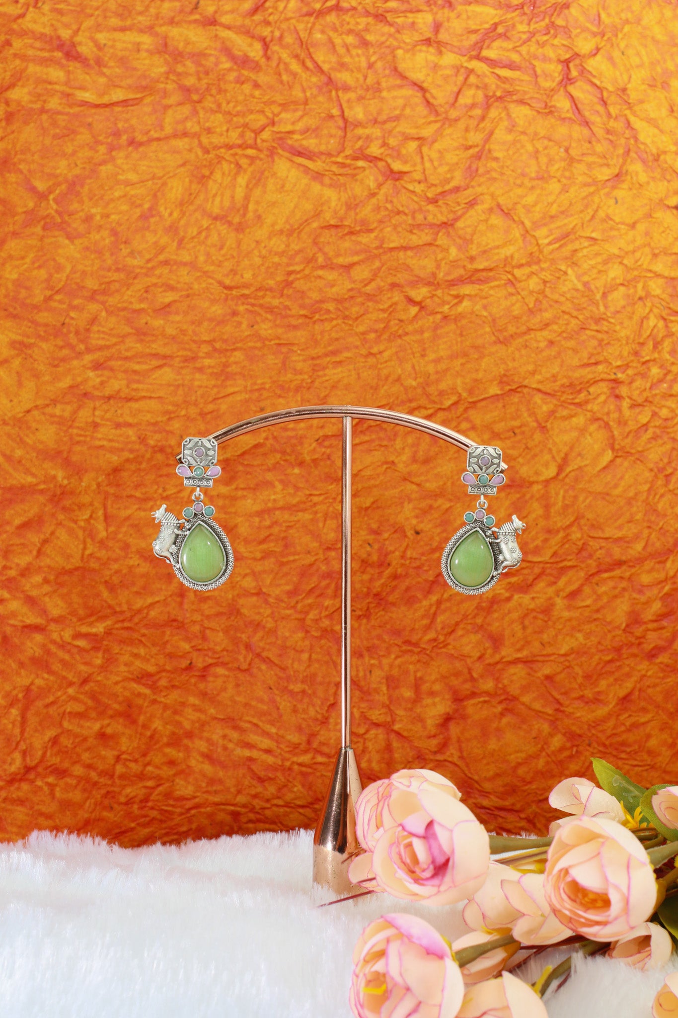 Temple Cow Motif Teardrop Earrings with Green Monalisa | Oxidised German Silver