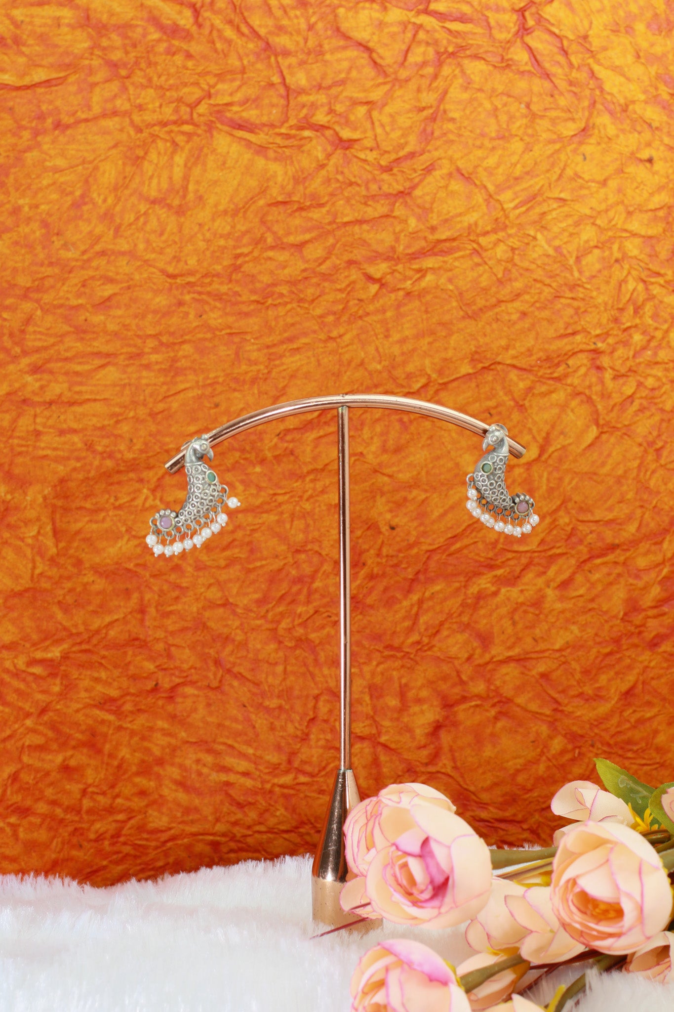 Peacock Hoop Oxidised German Silver Earrings with Multicolour Monalisa Accents & Pearls