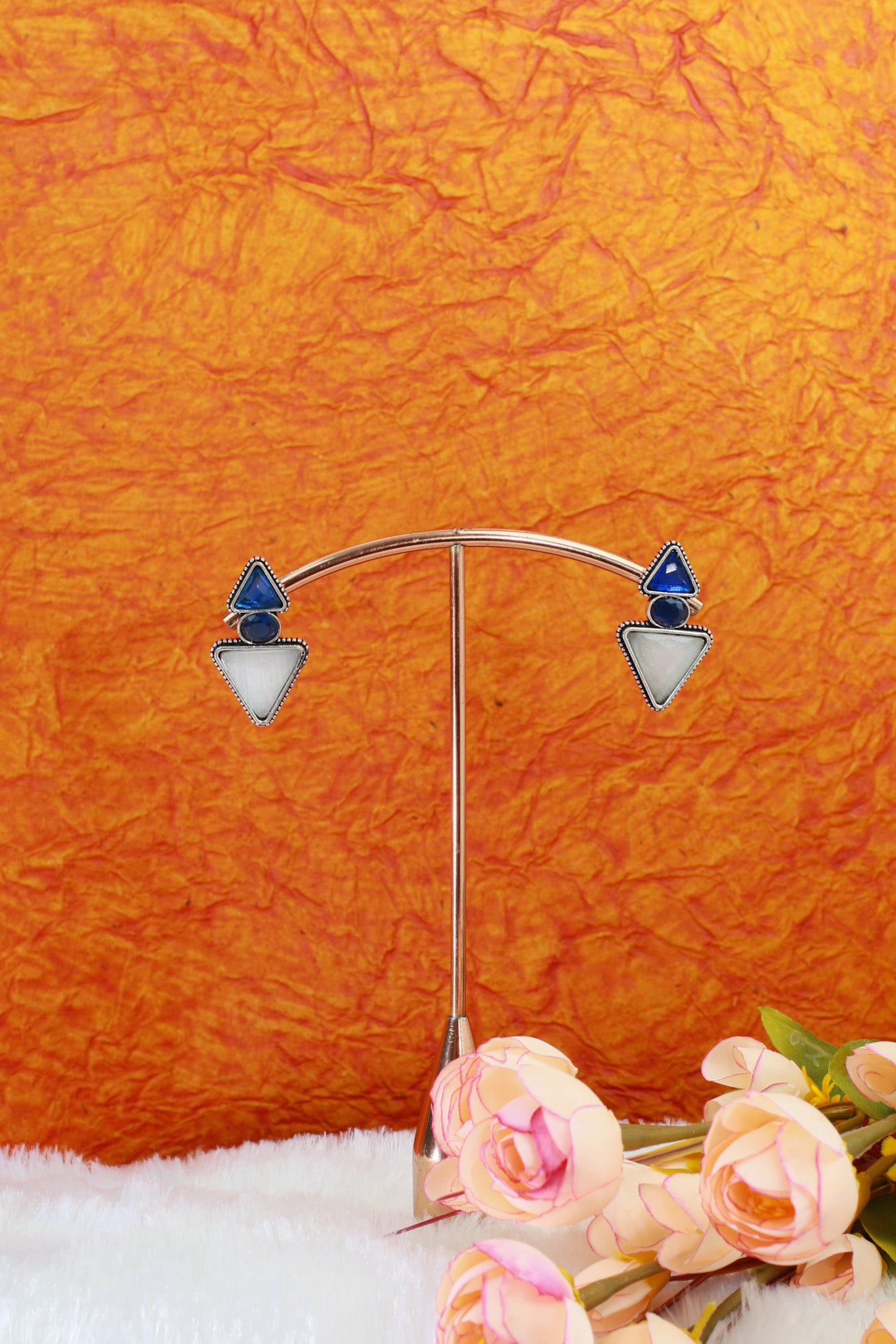 Geometric Blue & White Monalisa German Silver Oxidised Stud Earrings