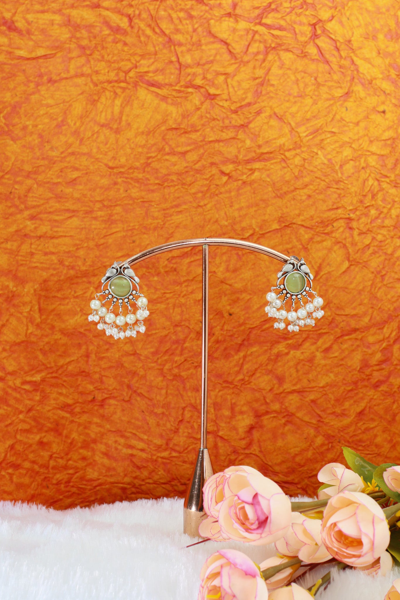 Green Monalisa Round Studs with Pearl Cluster | Oxidised German Silver