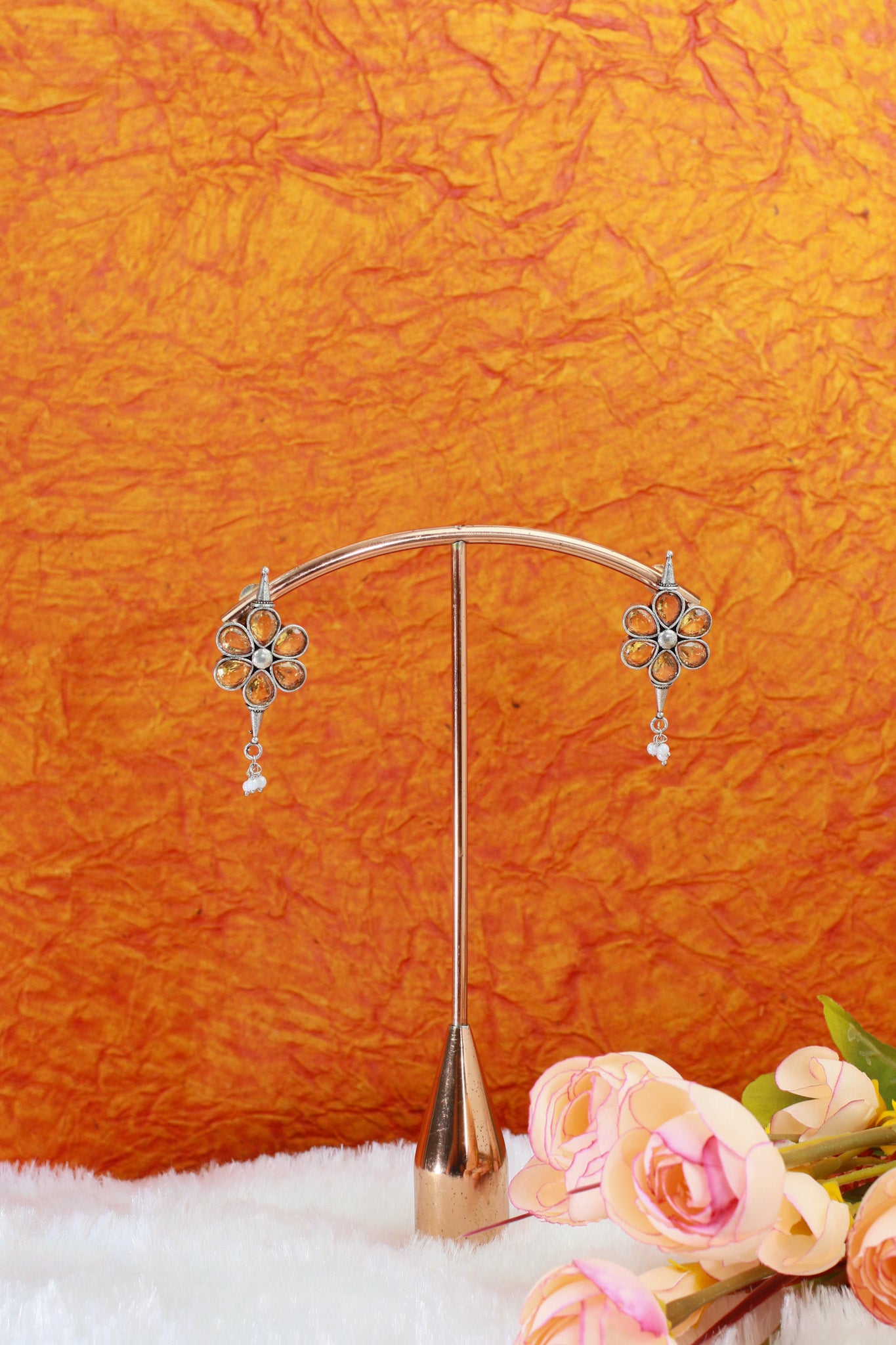 Yellow Monalisa Floral Oxidised German Silver Earrings – Petal Cluster with Pearl Drops