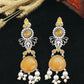 Yellow Monalisa Stone Long Oxidised German Silver Earrings with Pearls