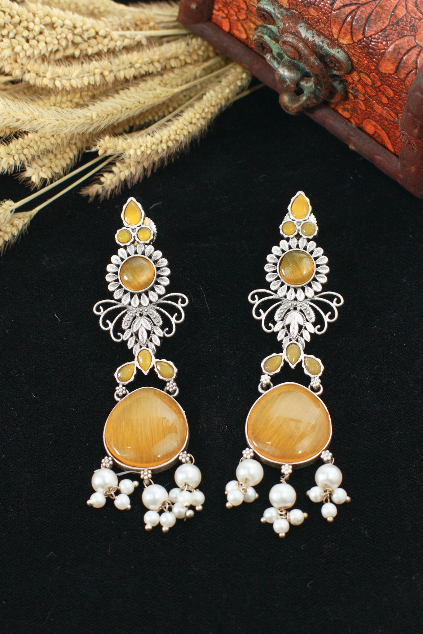 Yellow Monalisa Stone Long Oxidised German Silver Earrings with Pearls