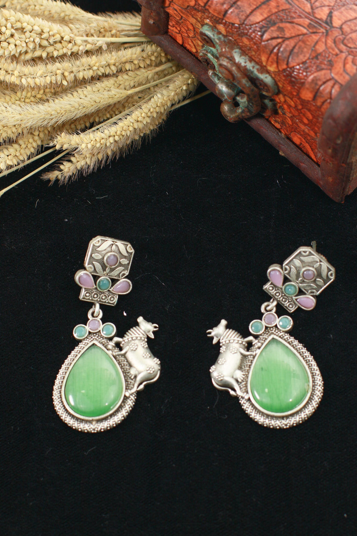 Temple Cow Motif Teardrop Earrings with Green Monalisa | Oxidised German Silver