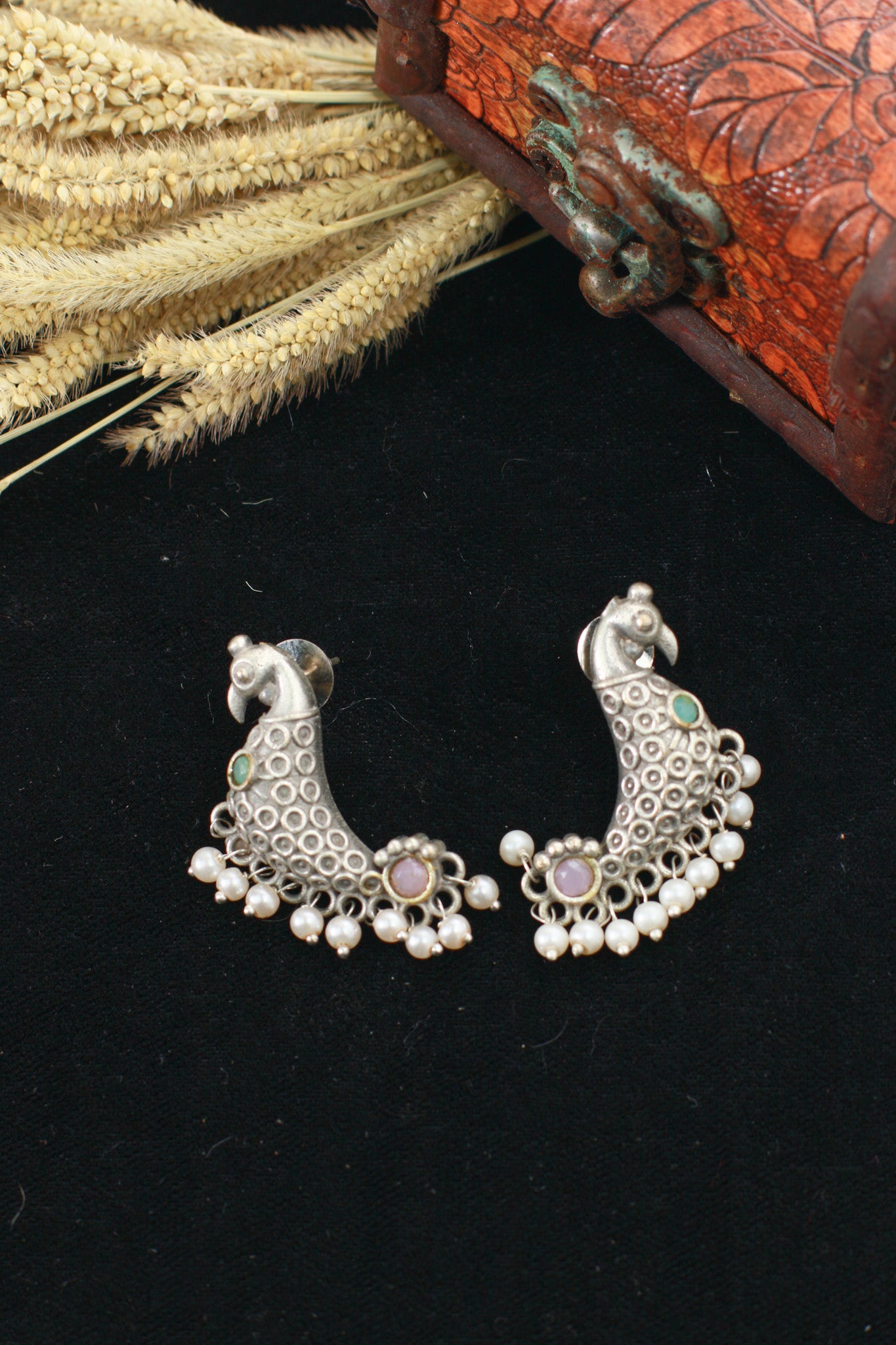 Peacock Hoop Oxidised German Silver Earrings with Multicolour Monalisa Accents & Pearls