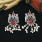 Ruby Red Monalisa Bird Motif Oxidised German Silver Earrings with Pearls