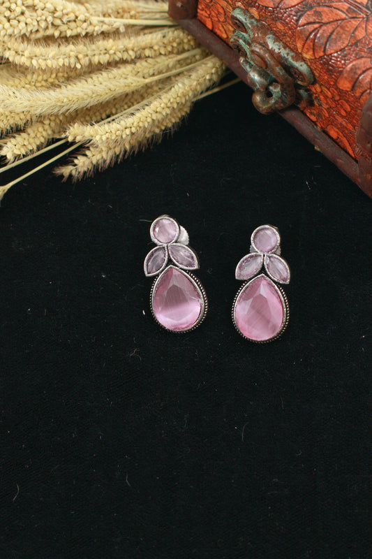 Pink Monalisa Cluster Studs in Oxidised German Silver – Tear Drop Design