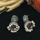 Green Monalisa Stone Oxidised German Silver Jhumka Earrings with Pearl Drops