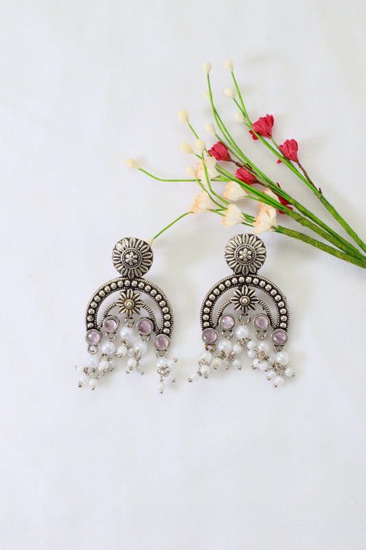 Pink Monalisa Arch Oxidised German Silver Earrings with Pearl Drops