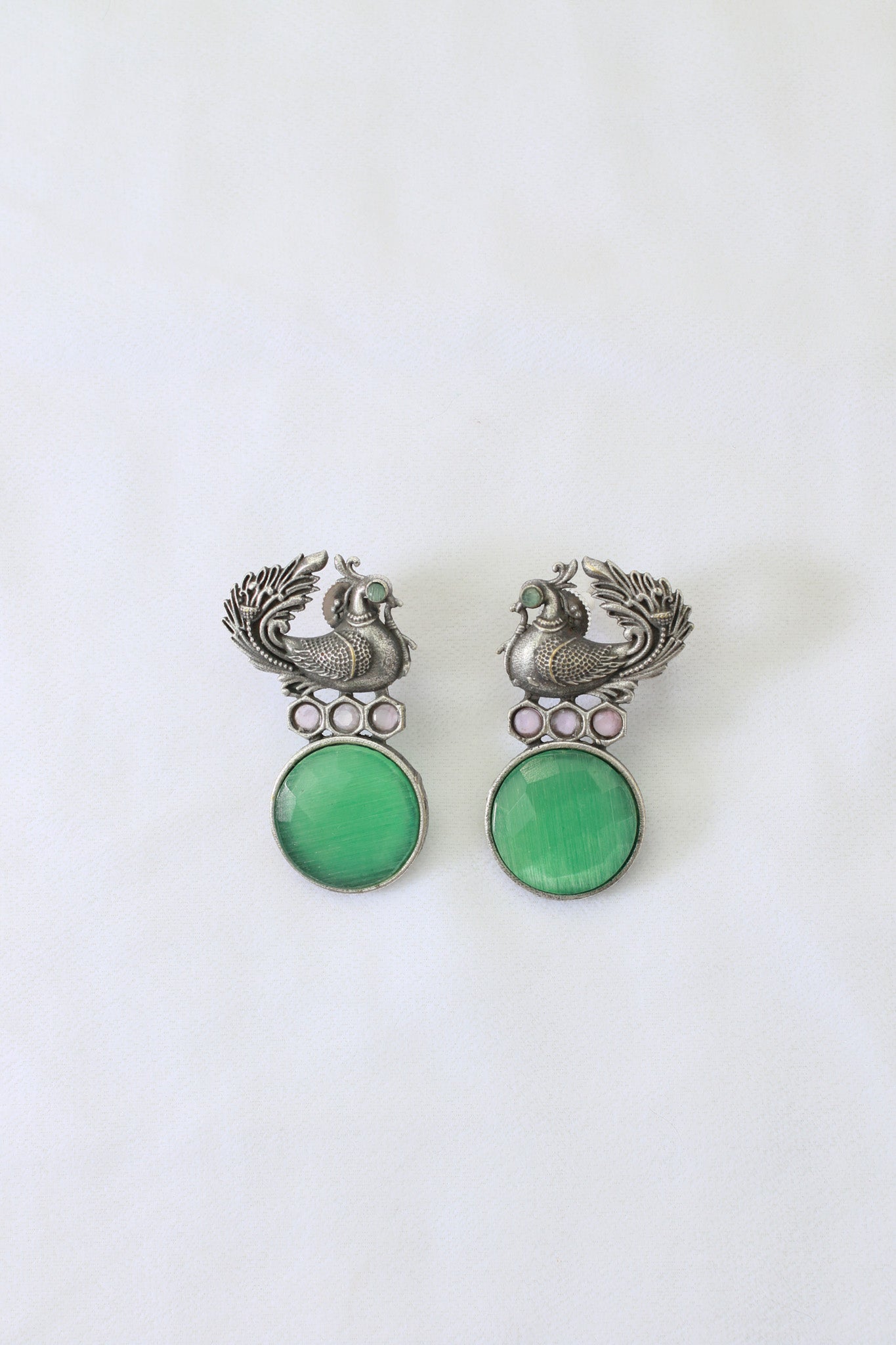 Peacock Top Earrings with Green Monalisa Round | Oxidised German Silver