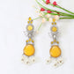 Yellow Monalisa Stone Long Oxidised German Silver Earrings with Pearls